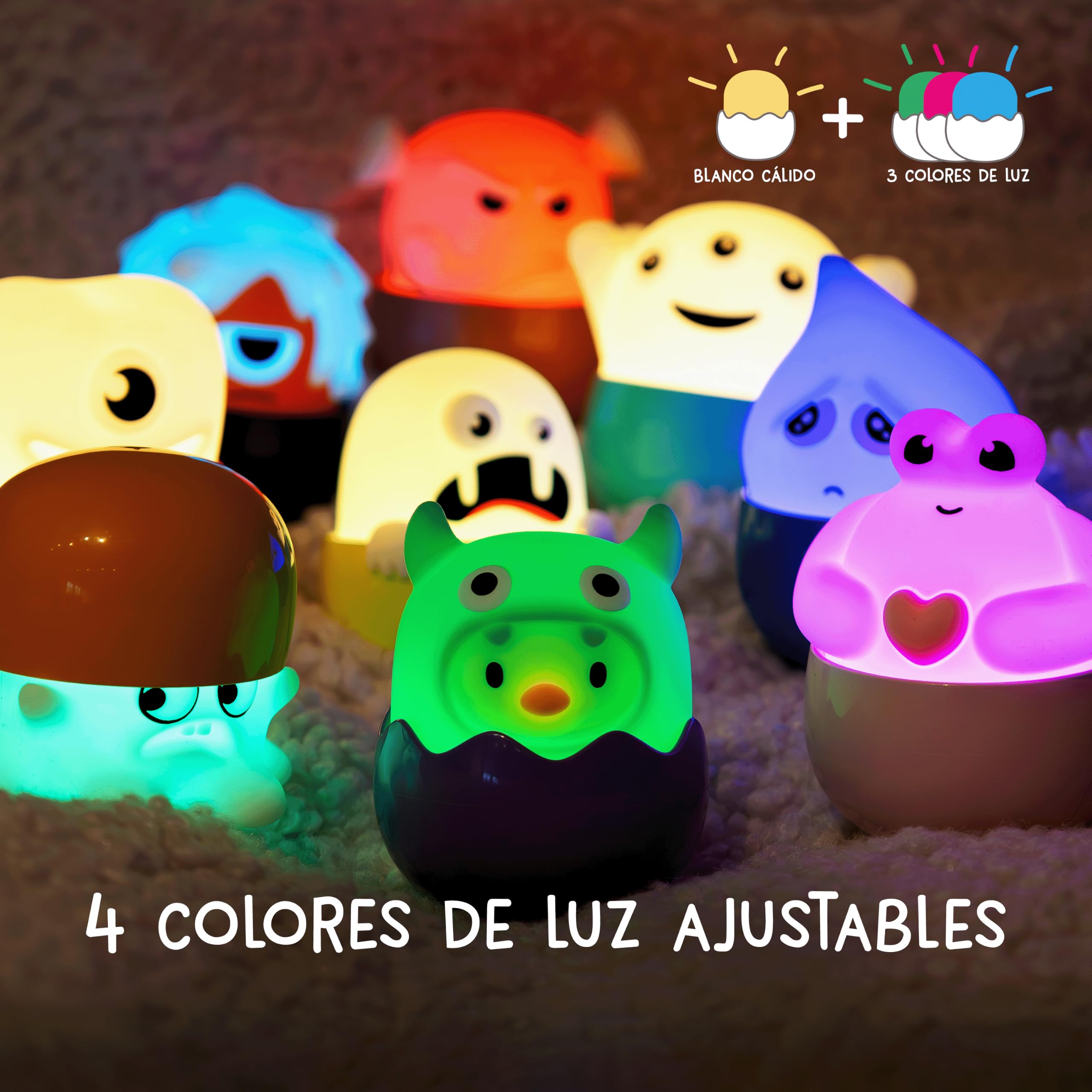 MegaLight Blind Box Mini Luces de Noche para Niños Pack de 5 | Serie 2 | Monster | Mystery Box | Careless Carl + 4 de 9 per Random | Batería USB-C | Recargables | Regulable | EGGYS Mystery Lights