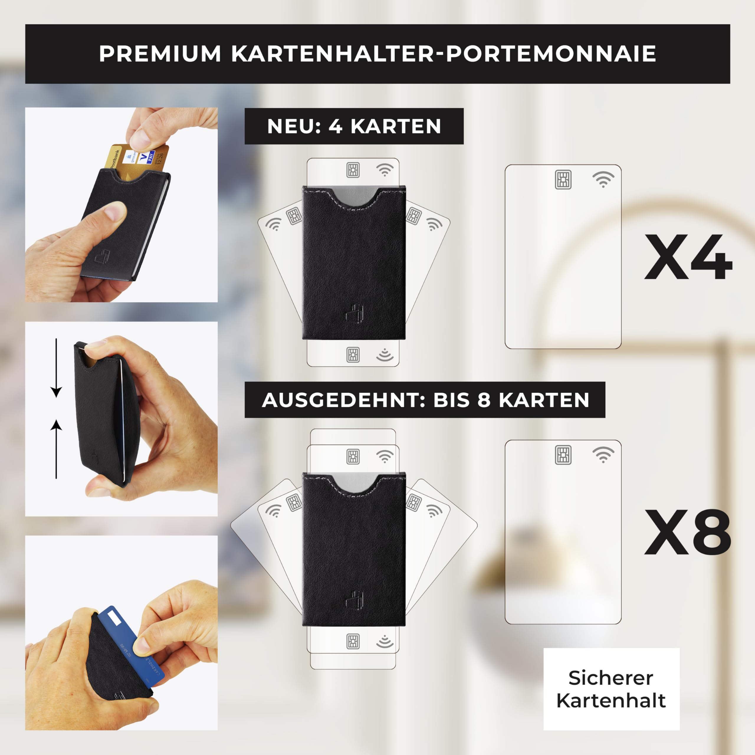 Carte di credito/custodia/portafoglio/SLIMWALLET, Nero , Glattleder, Minimalista