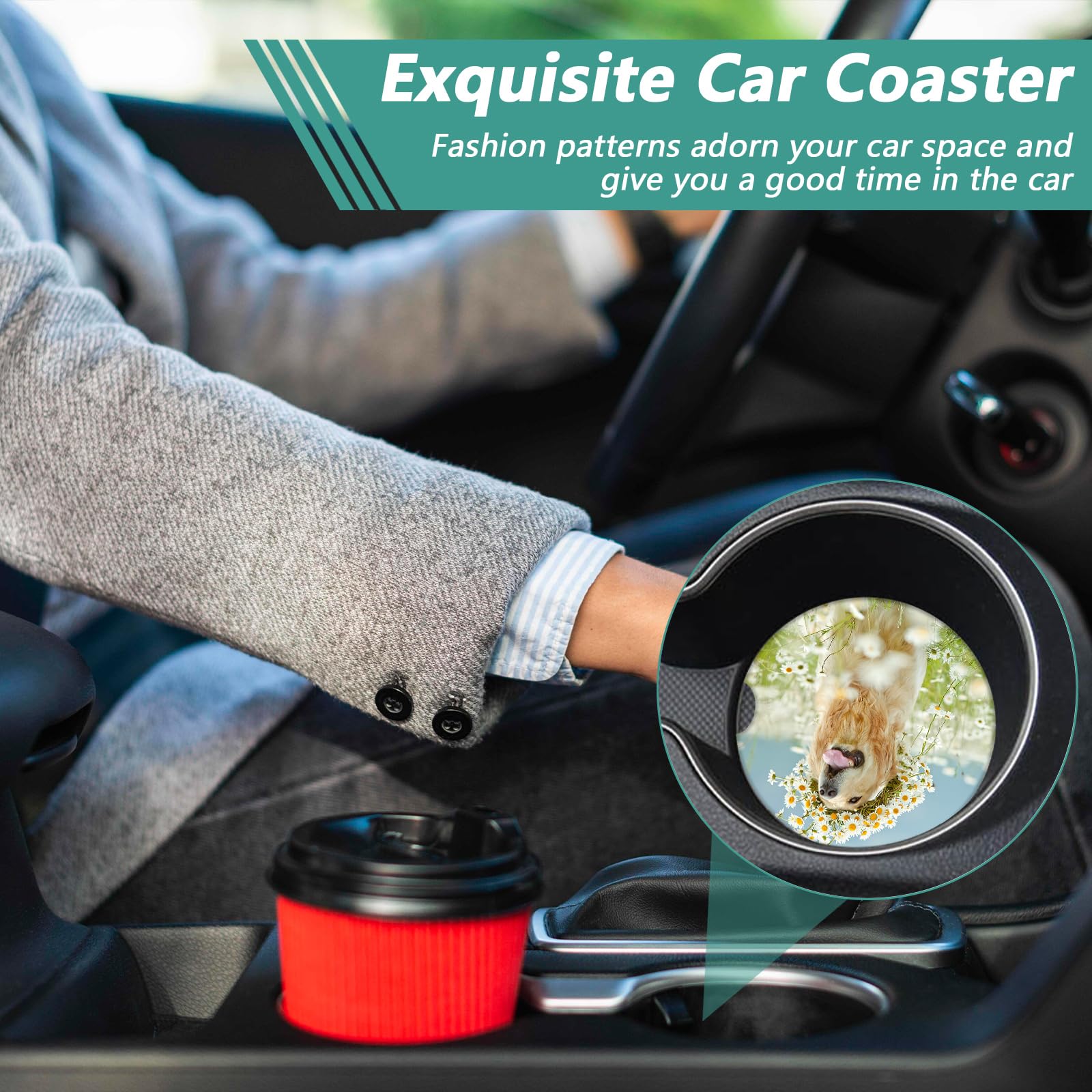 2 Pack Car Cup Holder Coasters - Dog Flower Absorbent Ceramic Coaster Car Coasters for Cup Holders Car — view 6