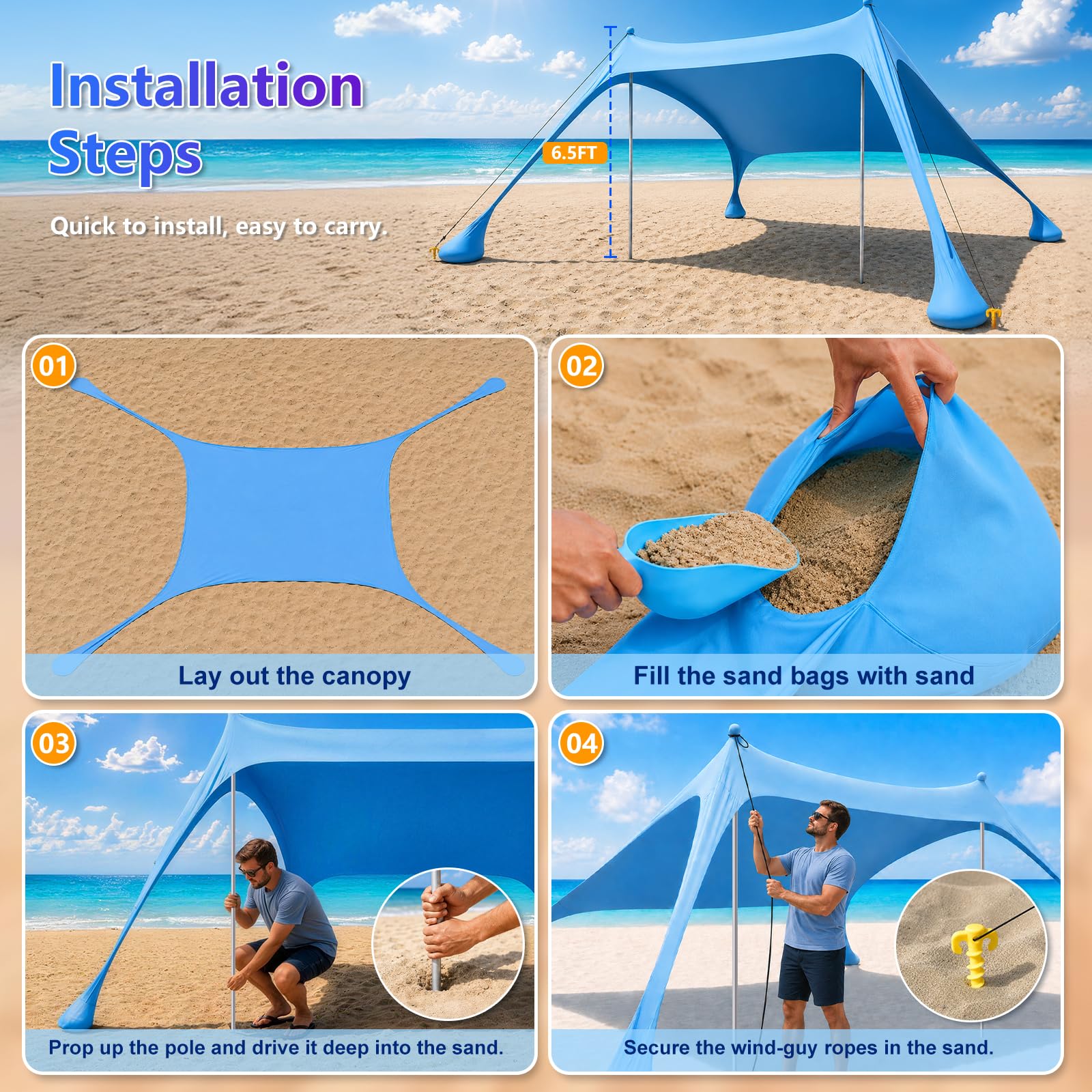 Strandzelt mit Strandmatte, LSF 50+ Hochschutz, 2x2x2m, inkl. Sandanker, Alu-Stangen & Tragetasche, Perfekt für Camping, Angeln, Garten, Picknick und Strand, Himmelblau