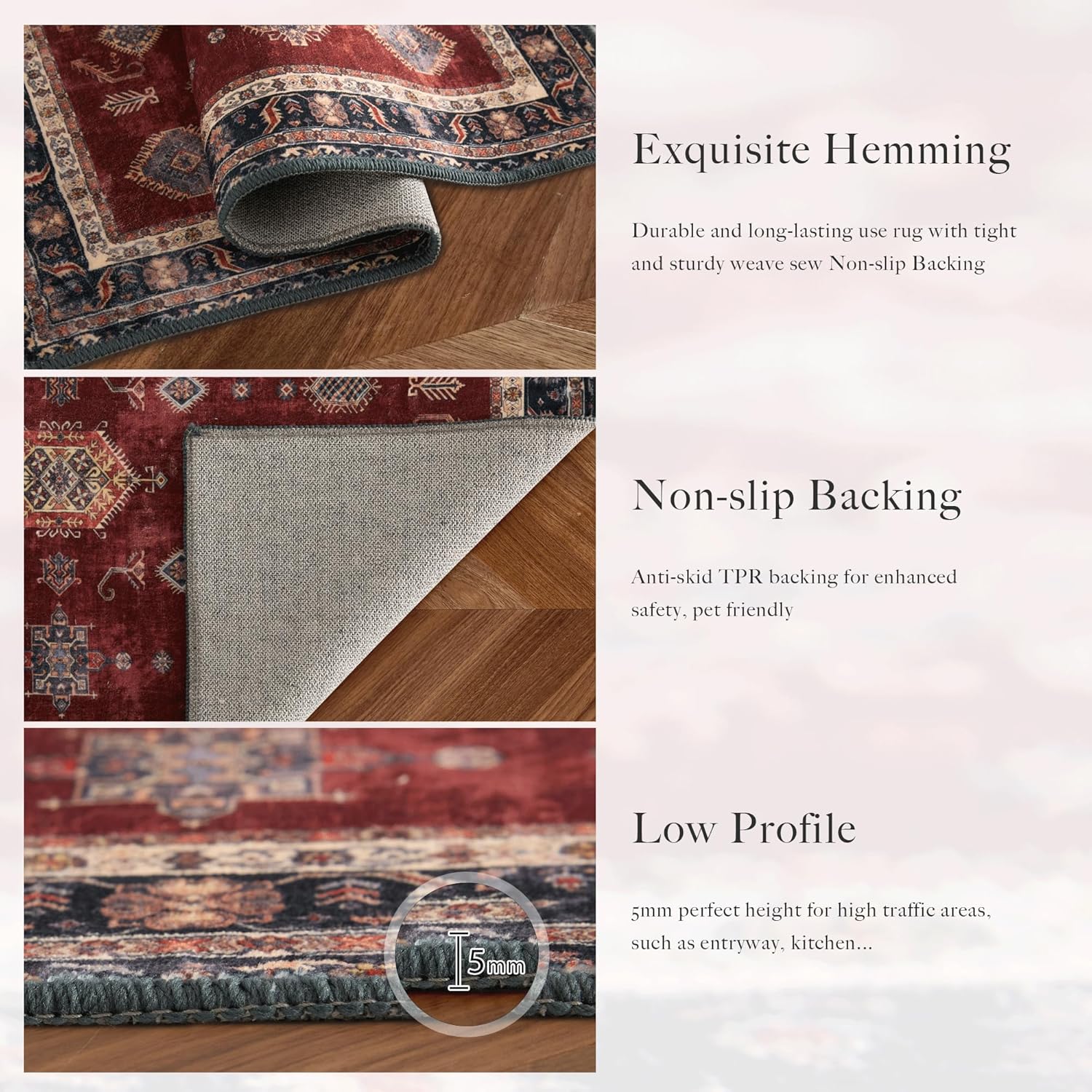 StangH Washable Runner Rug 2x8 Low-Pile Pet Friendly Hallway Rug Runner Print Red Vintage Christmas Rug Soft Faux Wool Non-Slip Floor Carpet for Kitchen Living Room Laundry