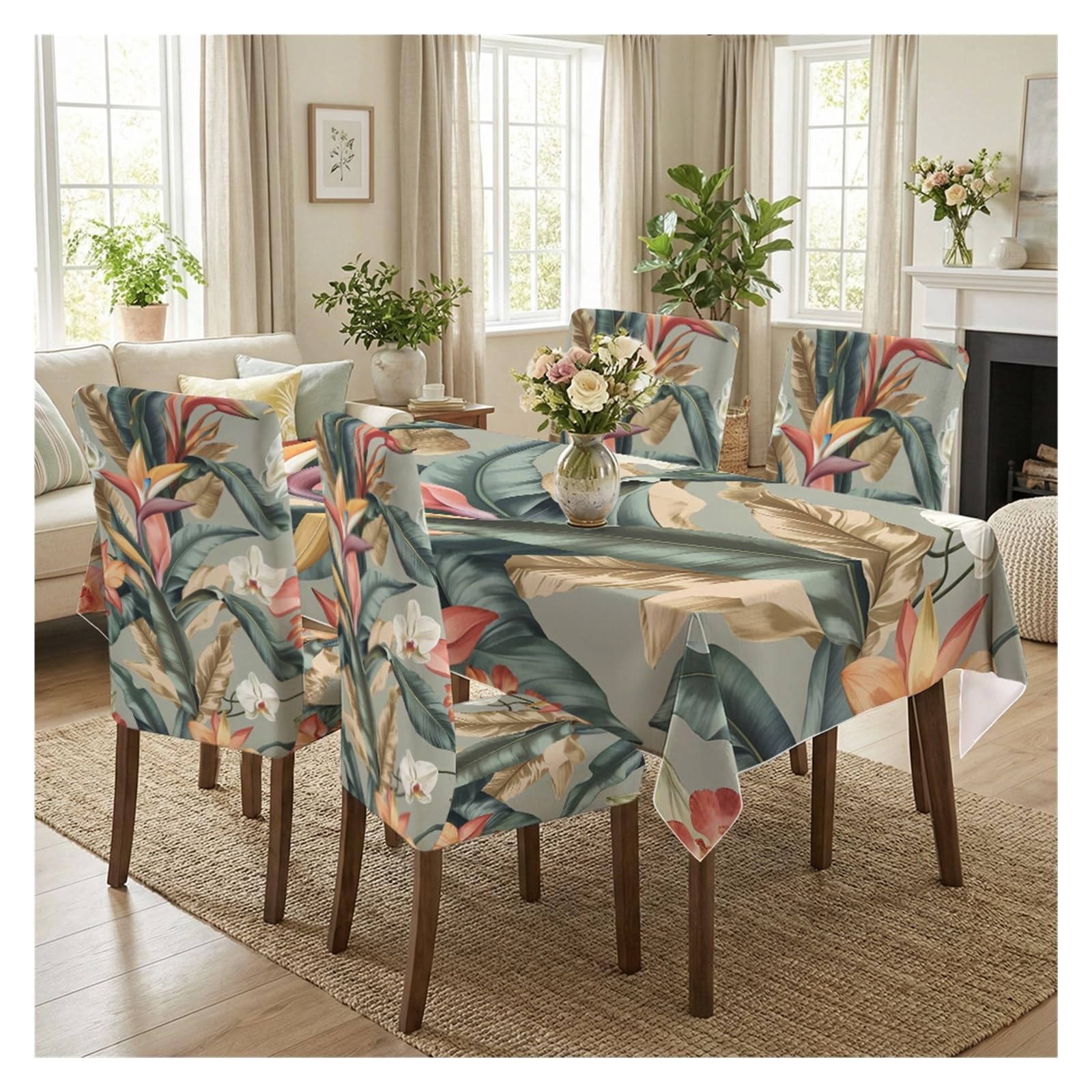 BOSUYBN Tropical Bird Of Paradise Leaf Printed Dining Tablecloth & Chair Covers Set, 5/7 Piece Exotic Modern Jungle Home Decor Table Setting(5pcs Set: Tablecloth+Chair Covers)