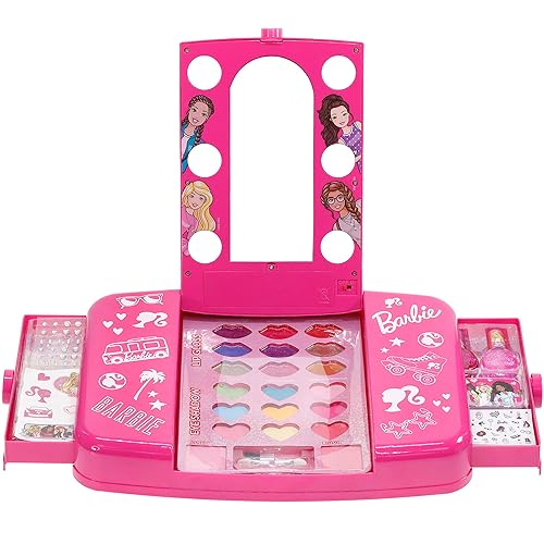 Barbie - Townley Girl - El juego de maquillaje de tocador con luz para cosméticos incluye brillo de labios sombra de ojos pinceles esmalte de uñas