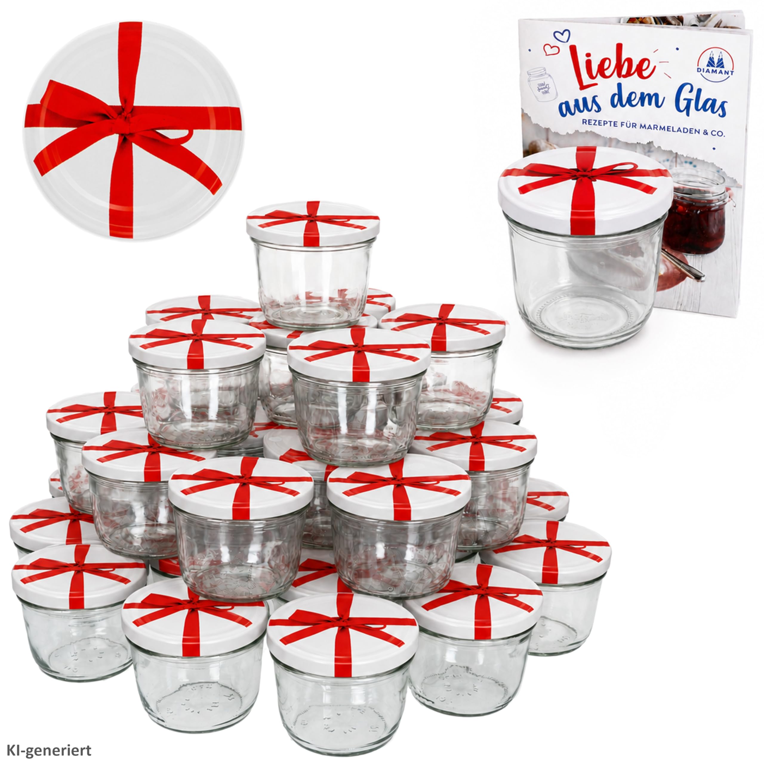 MamboCat 100er Set Sturzglas 230 ml To 82 weißer Deckel mit Schleifendekor incl. Diamant Gelierzauber Rezeptheft Marmeladenglas Einmachglas Einweckglas