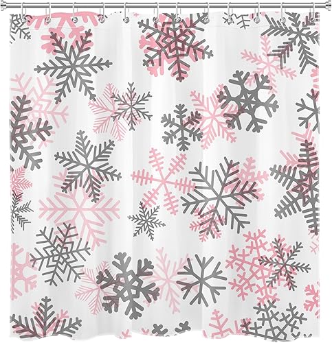 Miniatura 4 de EOBTAIN Cortina de ducha de invierno con copos de nieve para baño, divertido patrón de copos de nieve rosa y gris, cortina de ducha de tela blanca