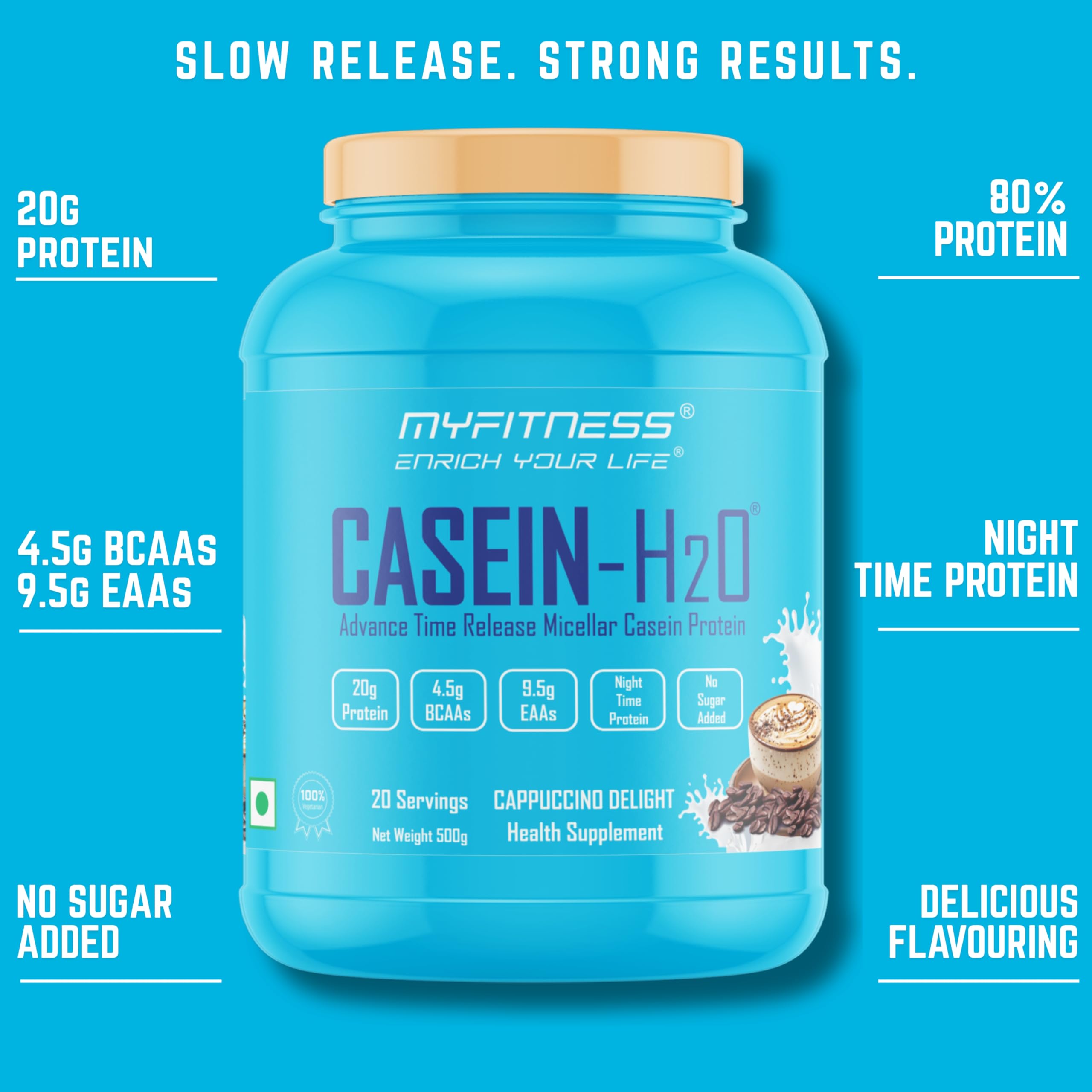 Myfitness Casein Protein Powder | Casein-H2O | 80% Protein Per Serving | 100% Micellar Casein Protein Supplement | (500g (20 Servings), Strawberry Delight)