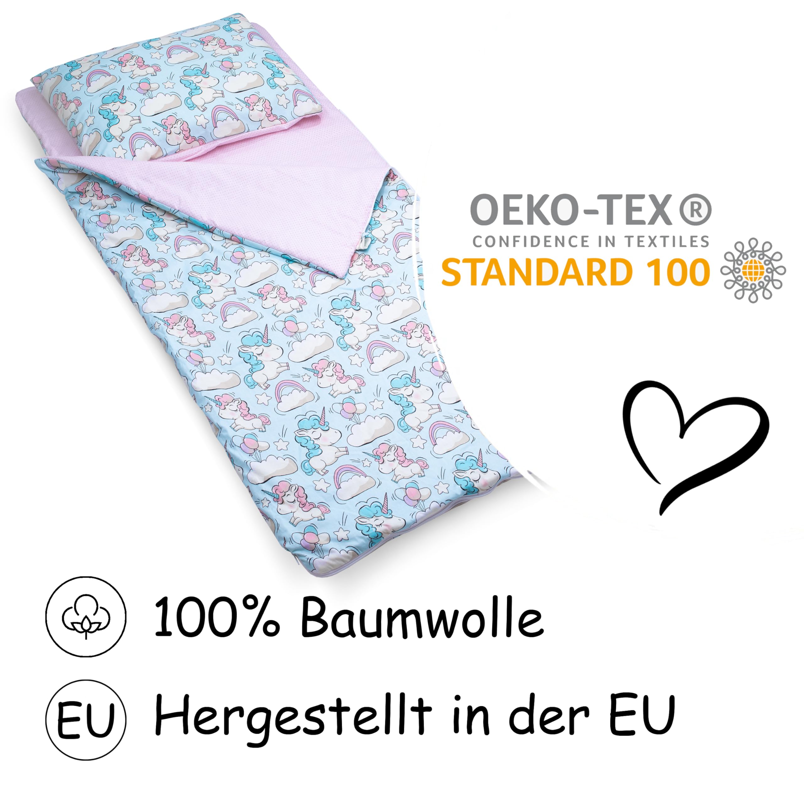 PinkZebra Schlafsack Kinder 140x75 cm mit Kissenbezug 60x40 cm & Beutel, Öko-Tex, Einhorn