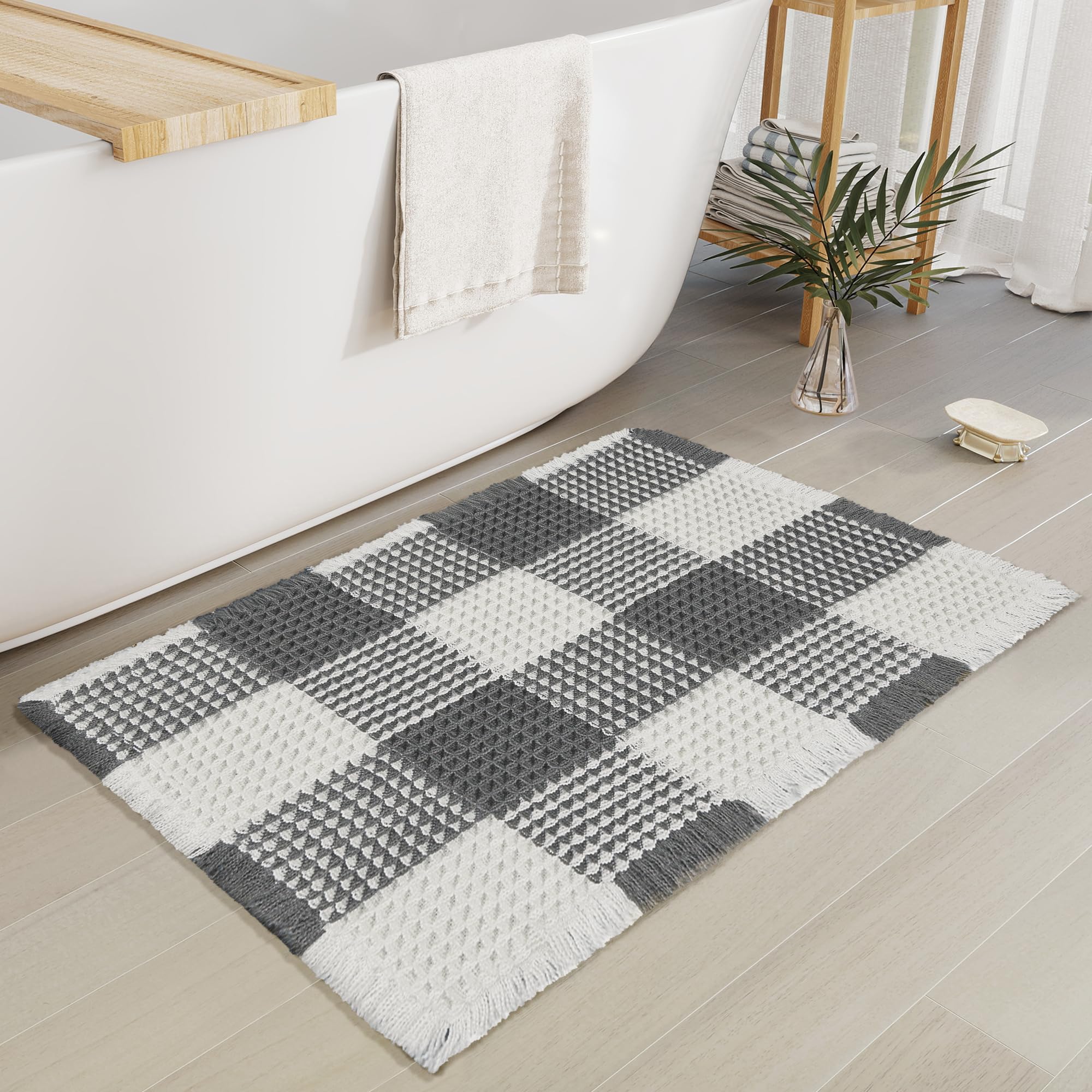 Arenarug Checkered Waffle Bath Mat, Super Absorbent Boho Farmhouse Bathroom Rugs Non Slip Washable, Ultra Soft Bath Rugs Mats with Tassels for