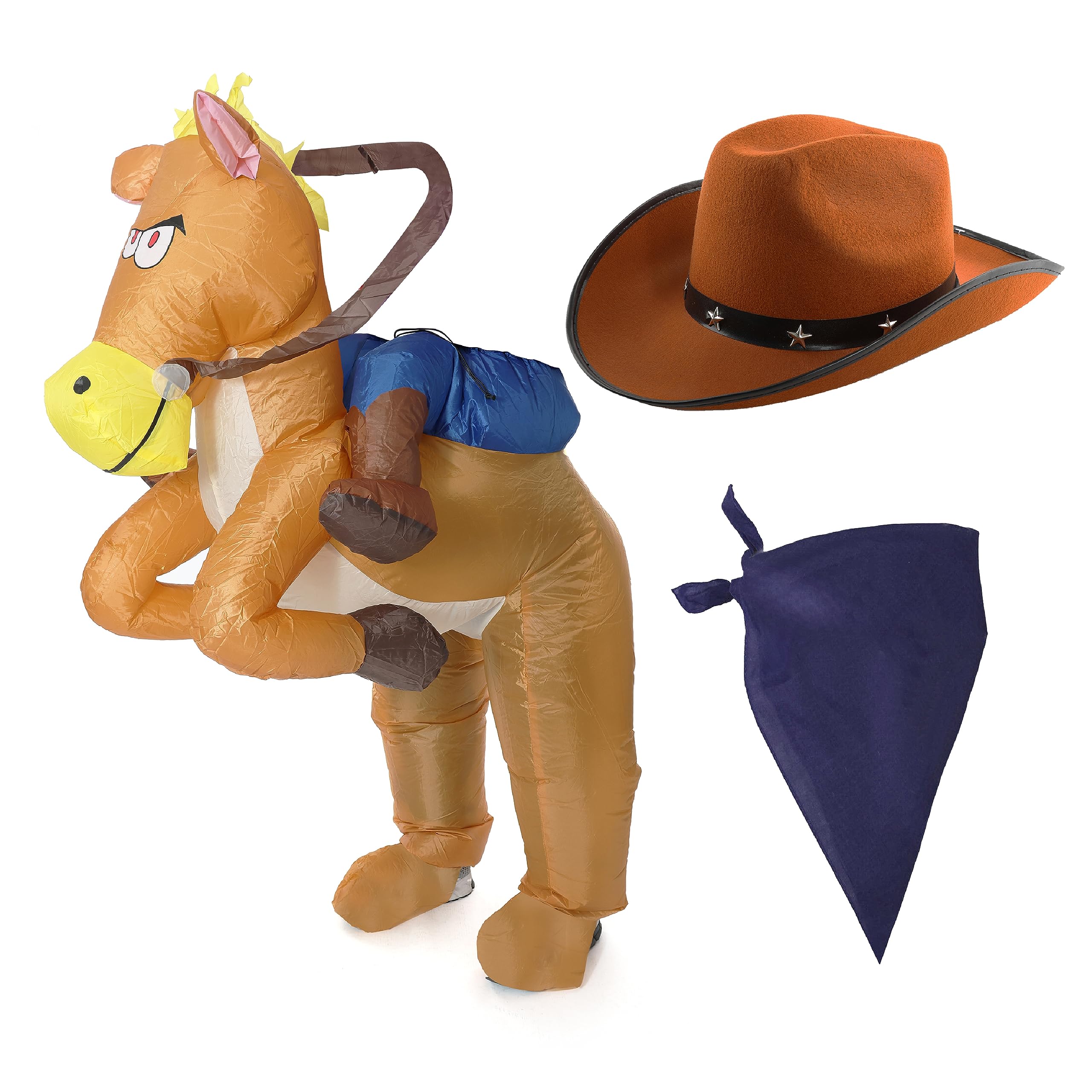 Adults Cowboy Fancy Dress Costume - Inflatable Ride-On Horse, Brown Cowboy Hat, Plain Navy Blue Bandana - Adults Wild West Fancy Dress Costume
