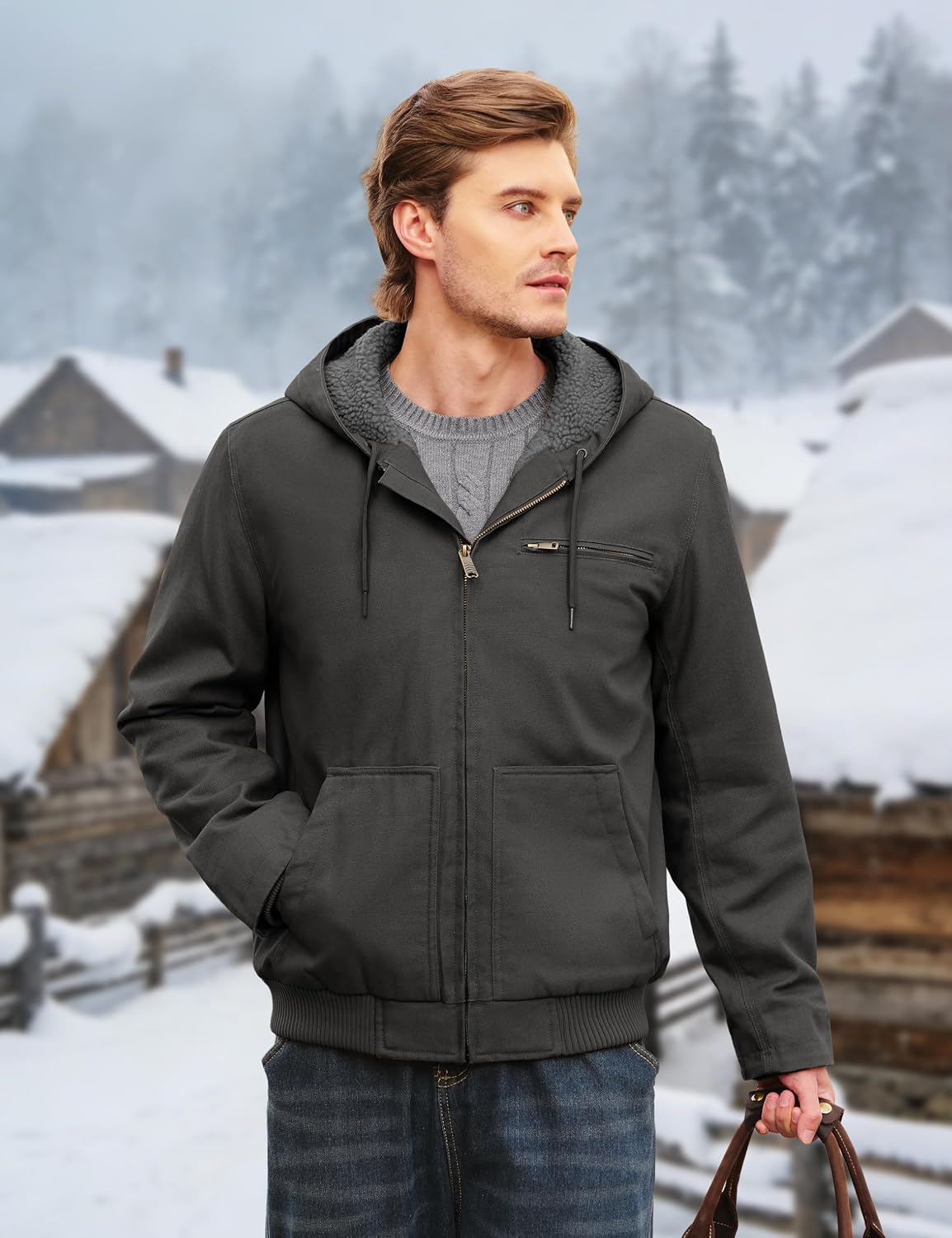Cotrasen Men's Work Jacket Waterproof Duck Canvas Sherpa Lined Thermal Warm Winter Hooded Coat with Multiple Pockets
