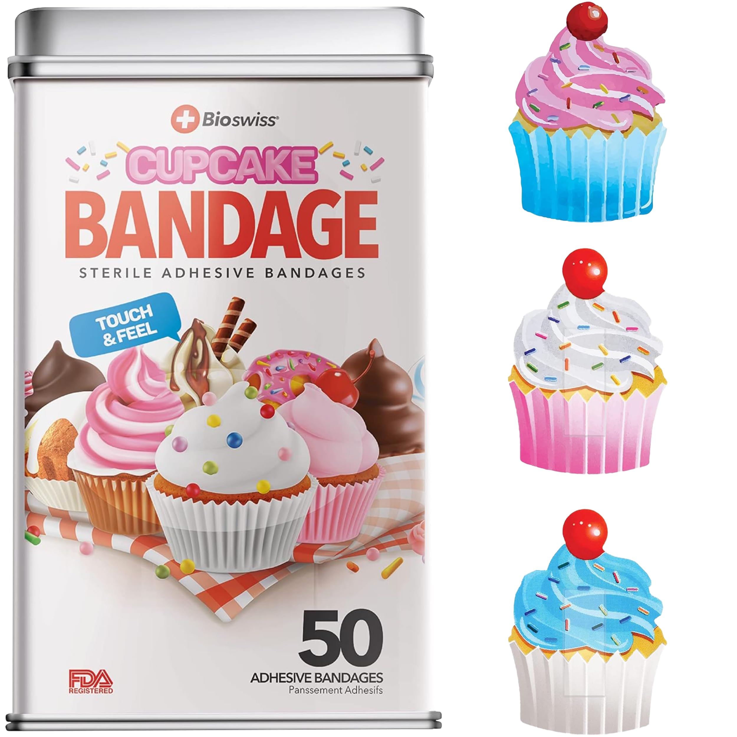 BioSwiss Bandages, Cupcake Shaped Self Adhesive Bandage Set, Latex Free, Sterile Wound Care, 50 Count