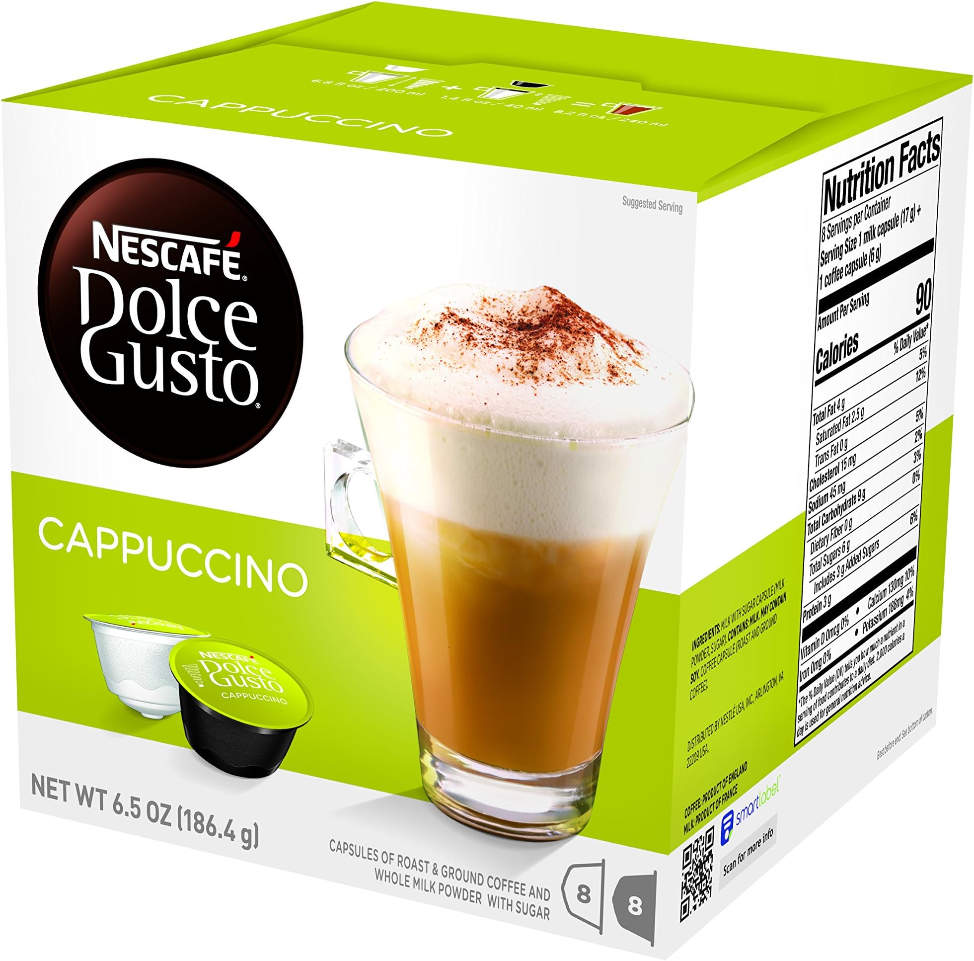 Nescafe Dolce Gusto Coffee Pods, Cappuccino, 16 capsules, Pack of 3