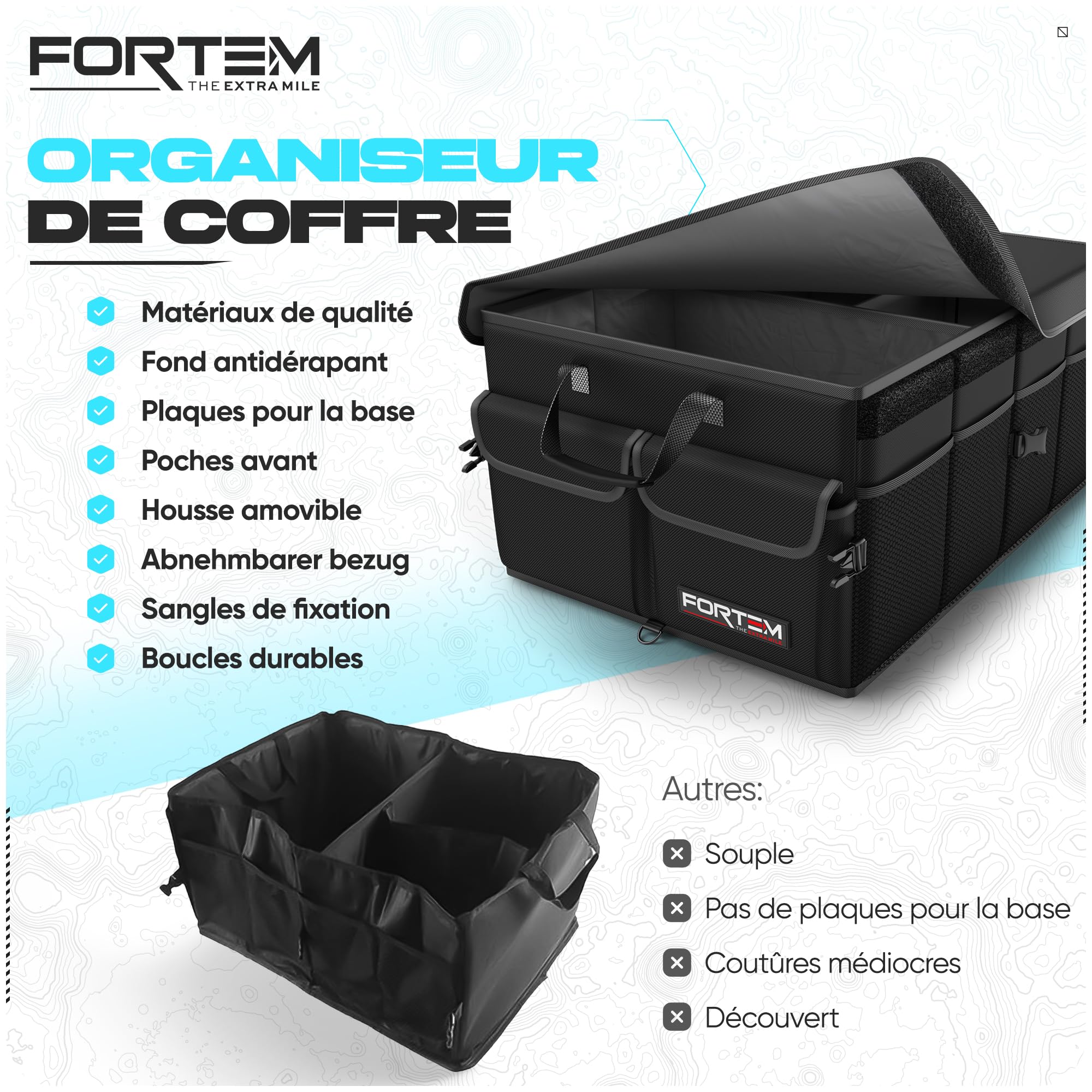 FORTEM Organiseur de coffre de voiture, pliable, plusieurs compartiments, rangement pliable pour accessoires de voiture, fond antidérapant, sangles de sécurité, couvercle souple, 50 L (Noir, Standard)