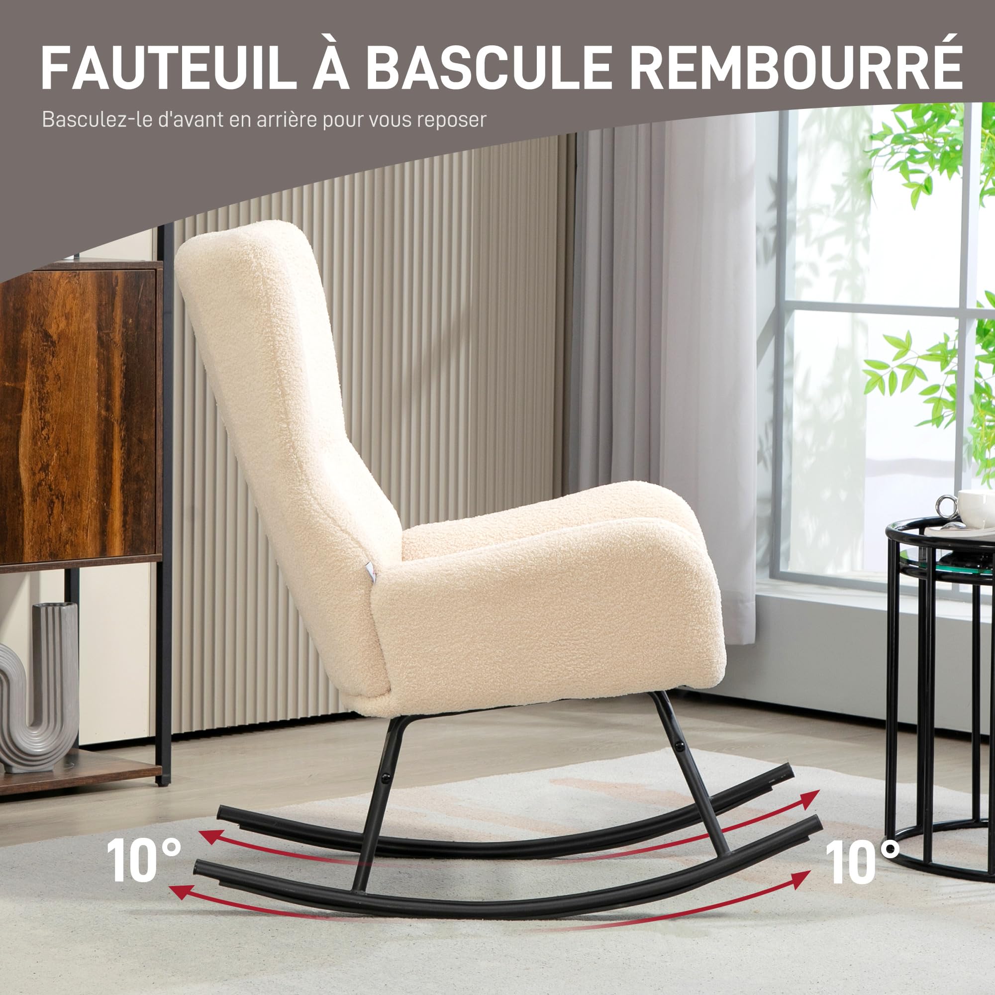 HOMCOM - Silla Mecedora, Mecedora, con Asiento de 10 cm de Grosor, Patas curvadas de Acero, Capacidad de Carga 120 kg, para salón, Dormitorio, balcón, Beige y Negro