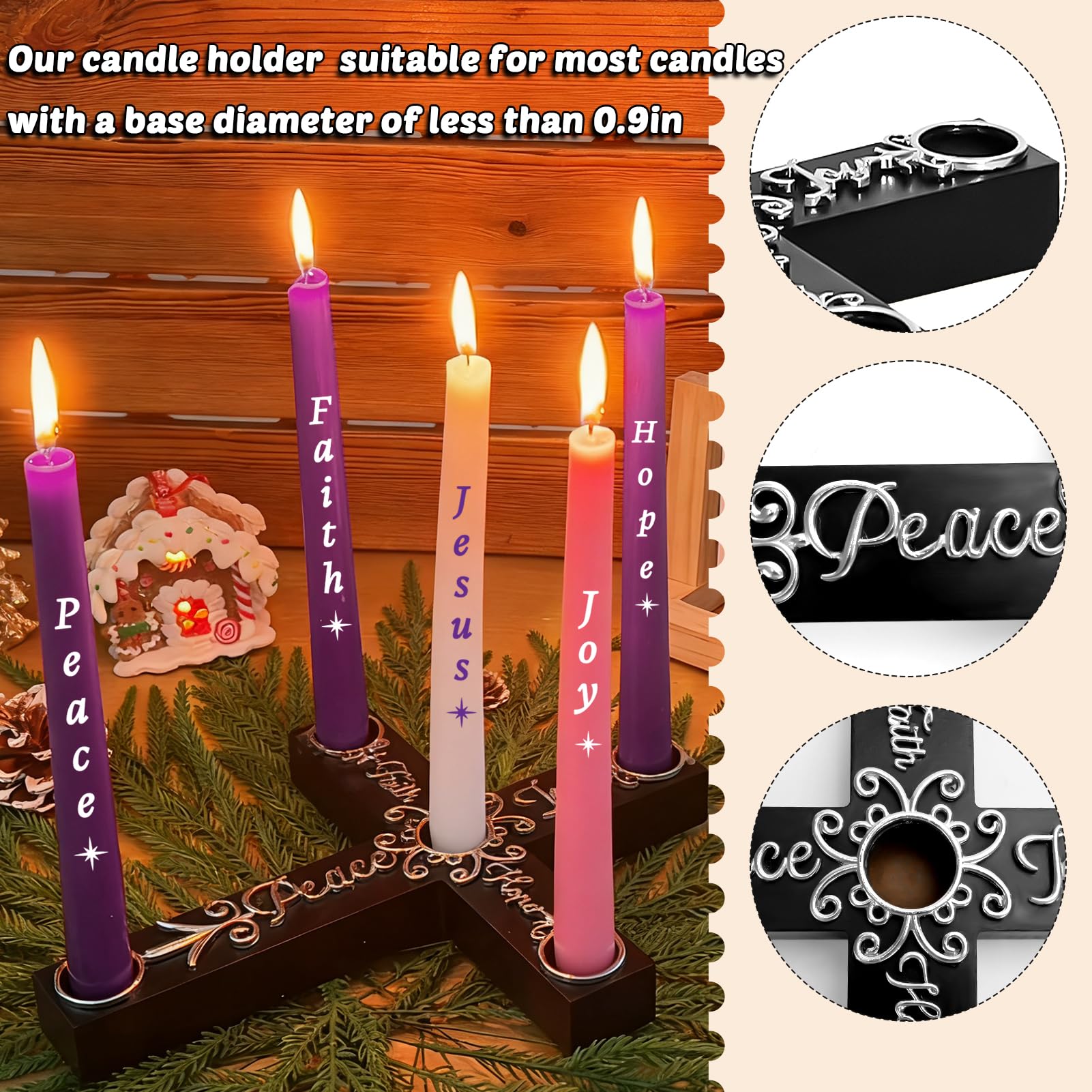 Set di 5 candele natalizie per l'avvento e per presepe, candele colorate con croce in legno e nodo celtico, regalo di Natale religioso per casa, chiesa, caminetto, centrotavola