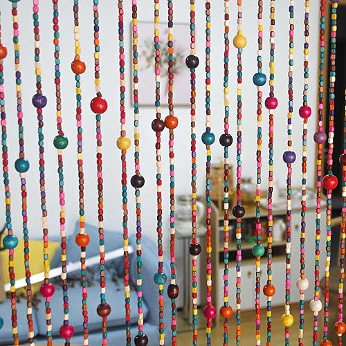 Urmforweilin 38 Strands Colorful Boho Hippie Door Beads Curtain, Hanging Wood Beaded Curtain for Doorways 36 Inches x 79 Inches (Rainbow) - Colorful-1