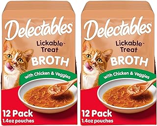 Delectables Lickable Treat Savory Broth Wet Cat Treat with Real Chicken & Veggies, Food Topper, Hydrating, Grain-Free, No Fillers, No By-Products, No-Added Preservatives, 1.4oz Pouch (Pack of 24)