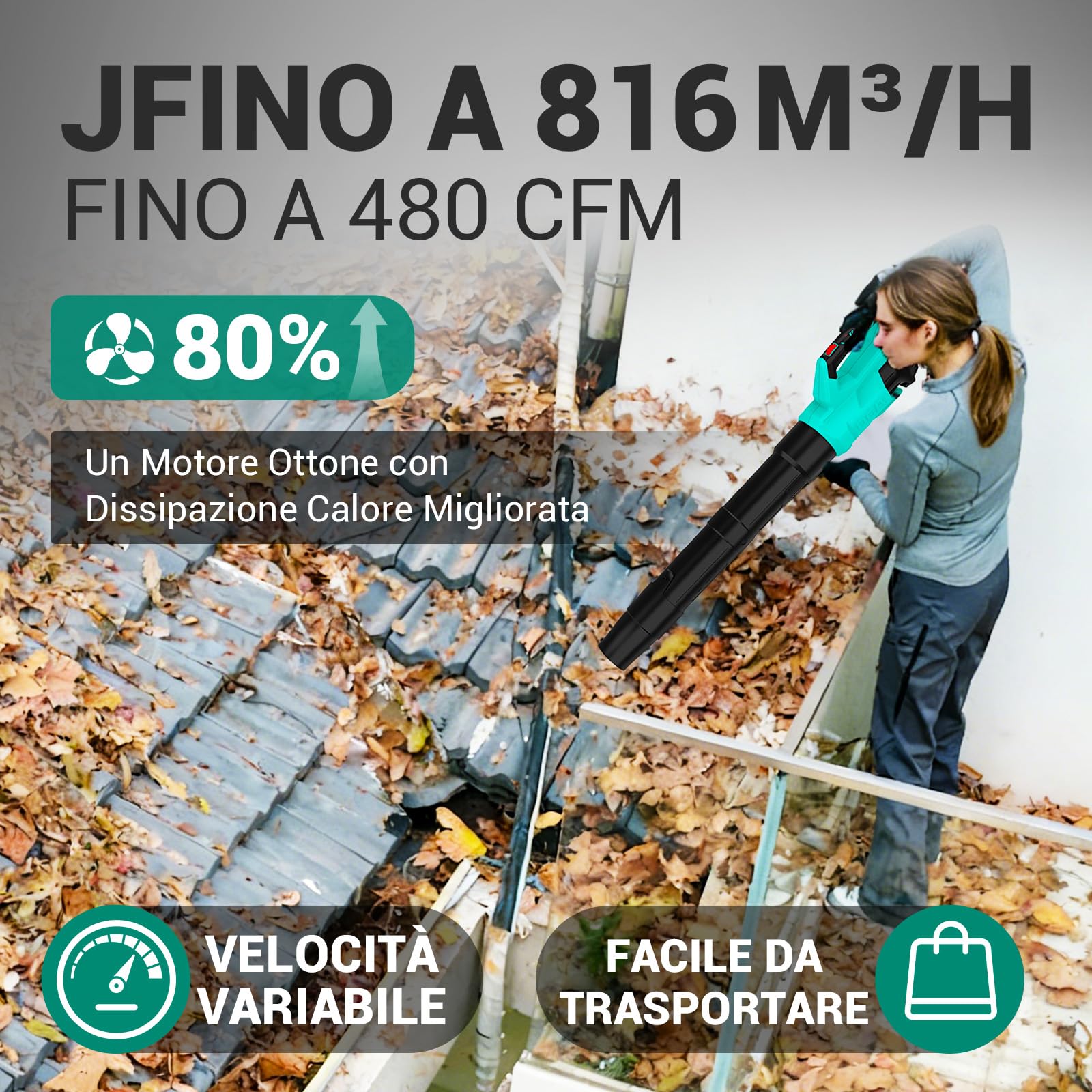 DCA Soffiatore per Foglie a Batteria 20V, Motore Brushless, Volume d'aria 820 m³/h, 193 km/h, Batteria 4.0Ah Inclusa, Leggero 1,5kg, Velocità Variabile, per Pulizia Giardino, Foglie e Neve