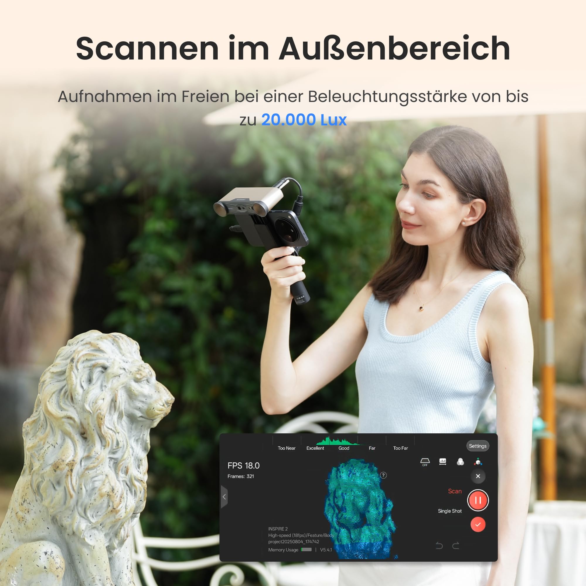 Revopoint INSPIRE 2 3D-Scanner für 3D-Druck, bis zu 0,03 mm Präzision, Mehrstrahl-Laser & Strukturiertes Licht, Scannen im Freien & Kabelloses Scannen, Vollfarbscans, Optischer Zoom, 190g, Standard