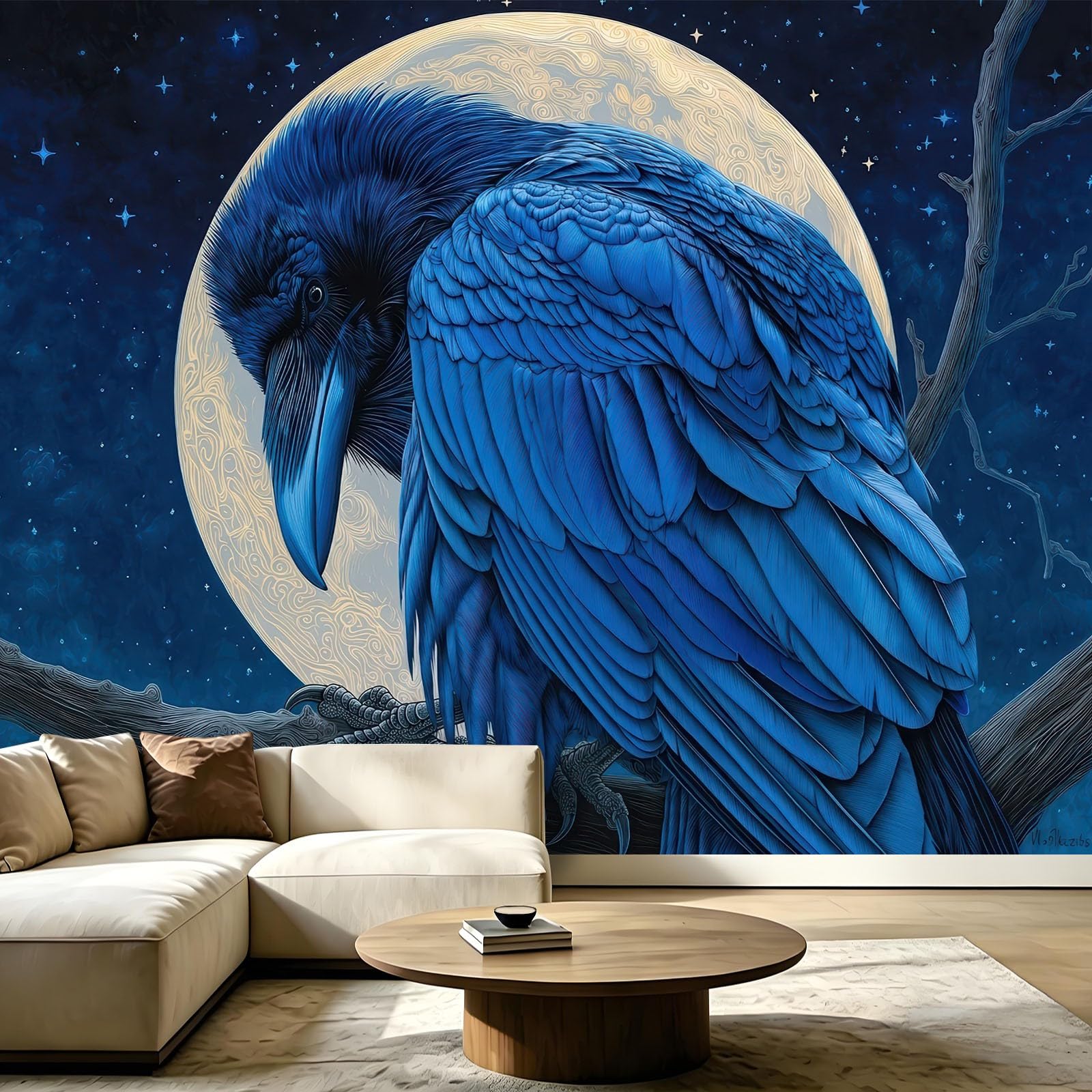Panoramiczna tapeta z włókniny 350 x 256 cm fantazyjny gotycki gwiaździste niebo gobelin plakat dekoracja ścienna do pokoju dziecięcego, salonu sypialni - zwierzęta kruk pełnia księżyc martwe gałęzie