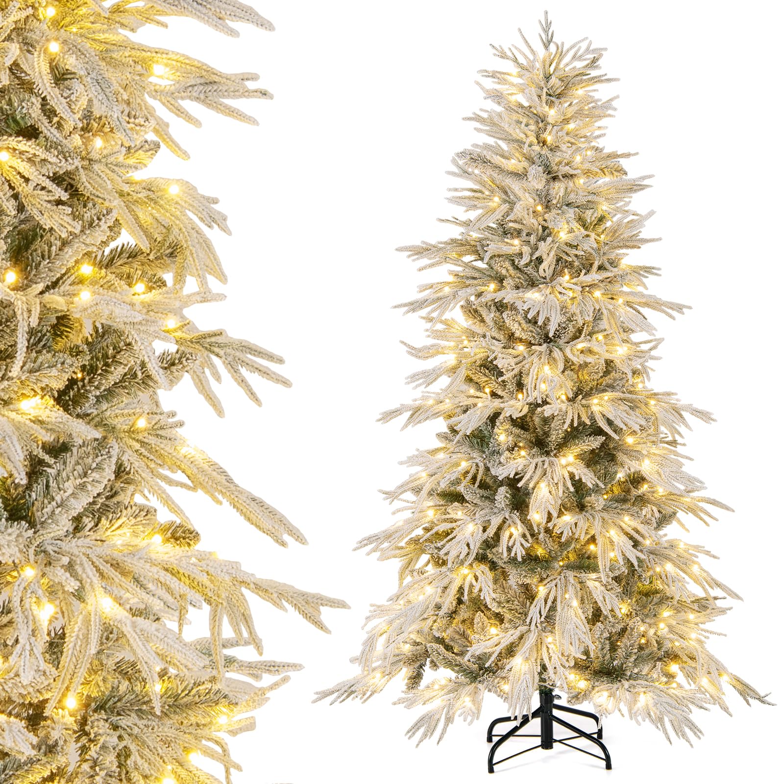 COSTWAY Sztuczna choinka z oświetleniem i śniegiem, 180 cm, z 250 diodami LED o ciepłej białej barwie i 594 gałązkami, choinka, sztuczne drzewko bożonarodzeniowe do domu
