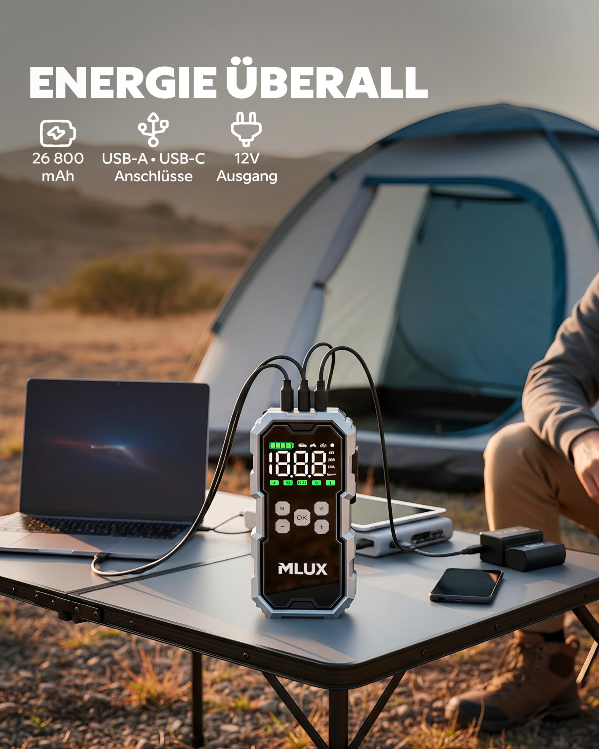 Starthilfe Powerbank für PKW 6000A, 26800mAh Auto Starthilfe Powerbank mit 150 PSI Kompressor, Batterie Booster & Jump Starter für Benzin & Diesel, LED Notfallgerät