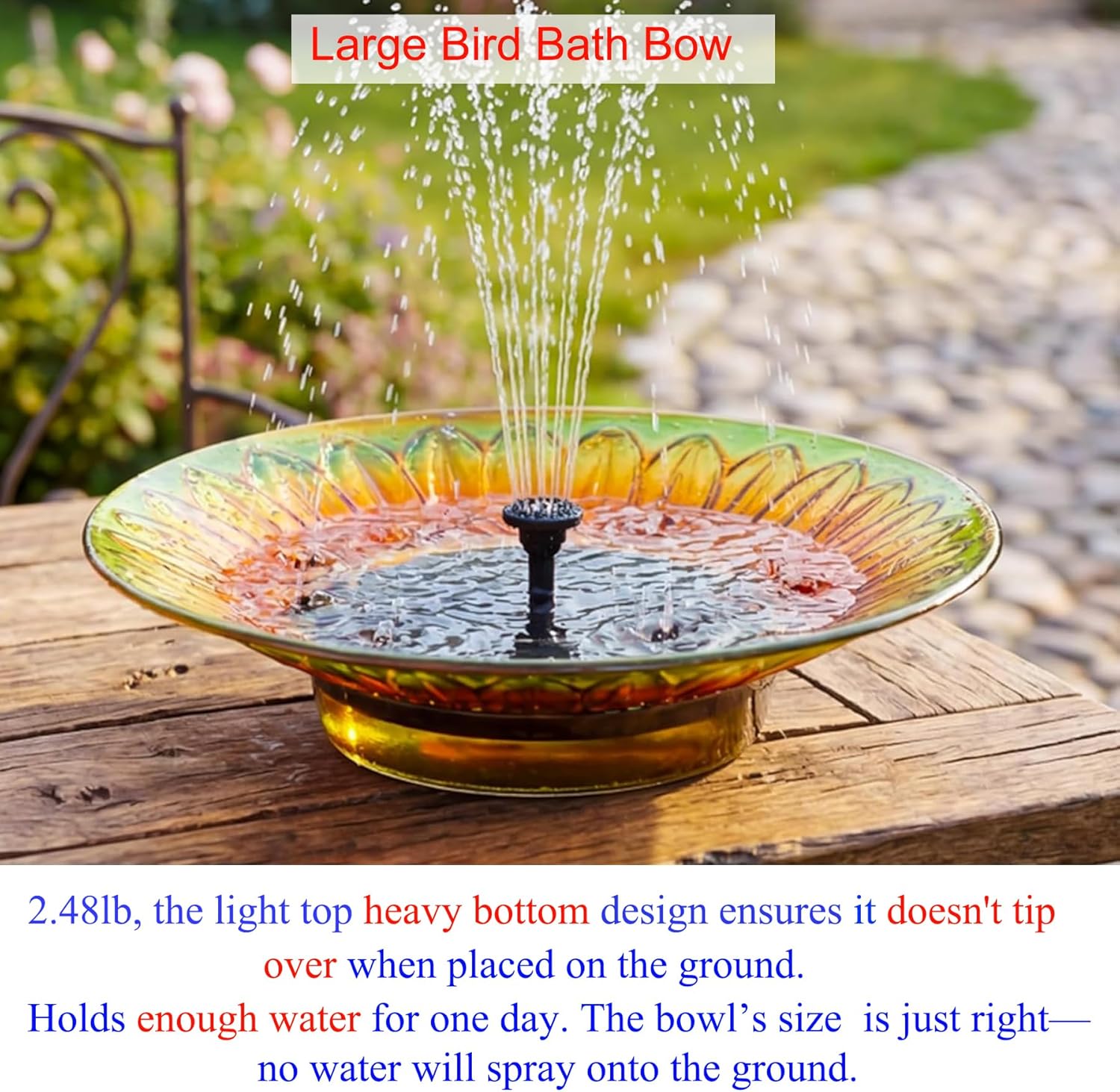 13.4" W Glass Solar Bird Baths for Outside on Ground, Table Top Bird Bath with Solar Fountain for Outdoor