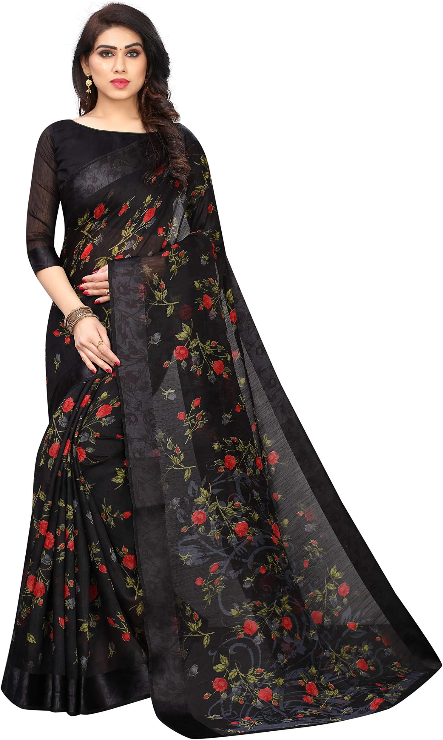 PERFECTBLUE Women's Digital Linen Blend Saree with Unstitched Blouse Piece