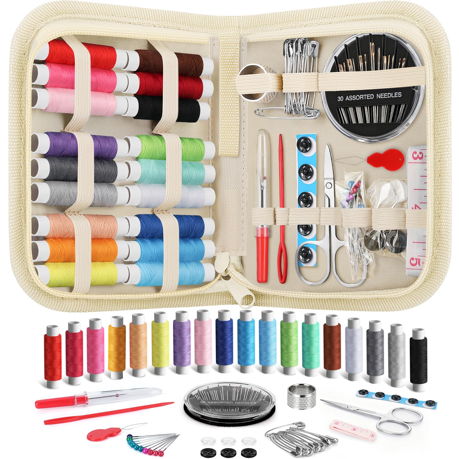 Coquimbo Sewing Kit Gifts for Adults Teen Grils Women Mom Grandma, Portable Sewing Supplies Contains Tape Measure, Scissors, Thimble, Thread, Sewing Needles (Beige, M)