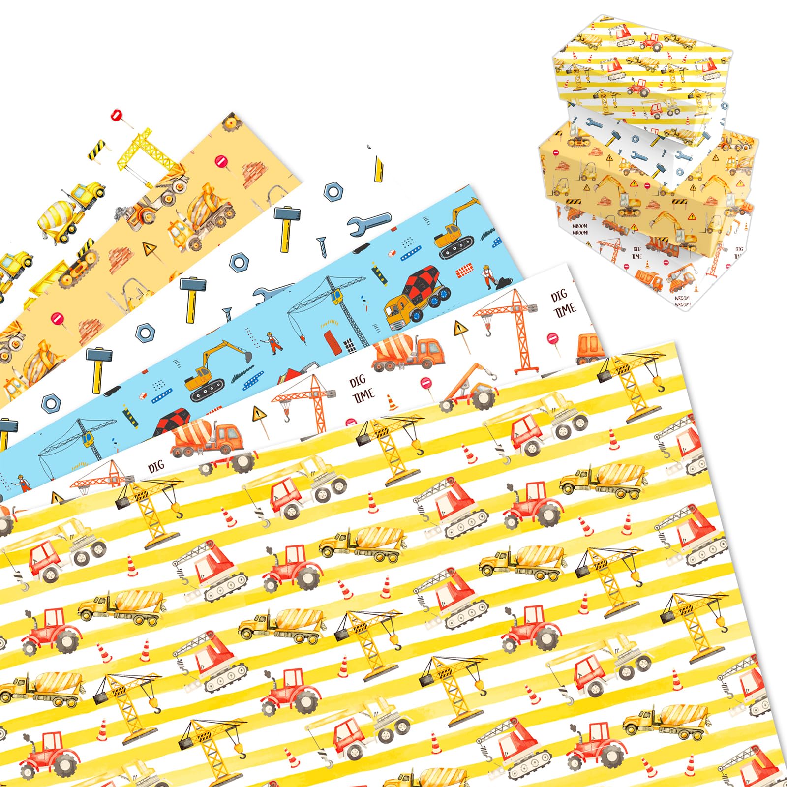 MORAINJAY 12 Sheets Construction Vehicle Gift Wrap, Wrapping Paper Bulldozer, Excavator, Digger Birthday Gift Wrap for Boys, Construction Party Decorations for Kids 68 x 50cm โ image 1