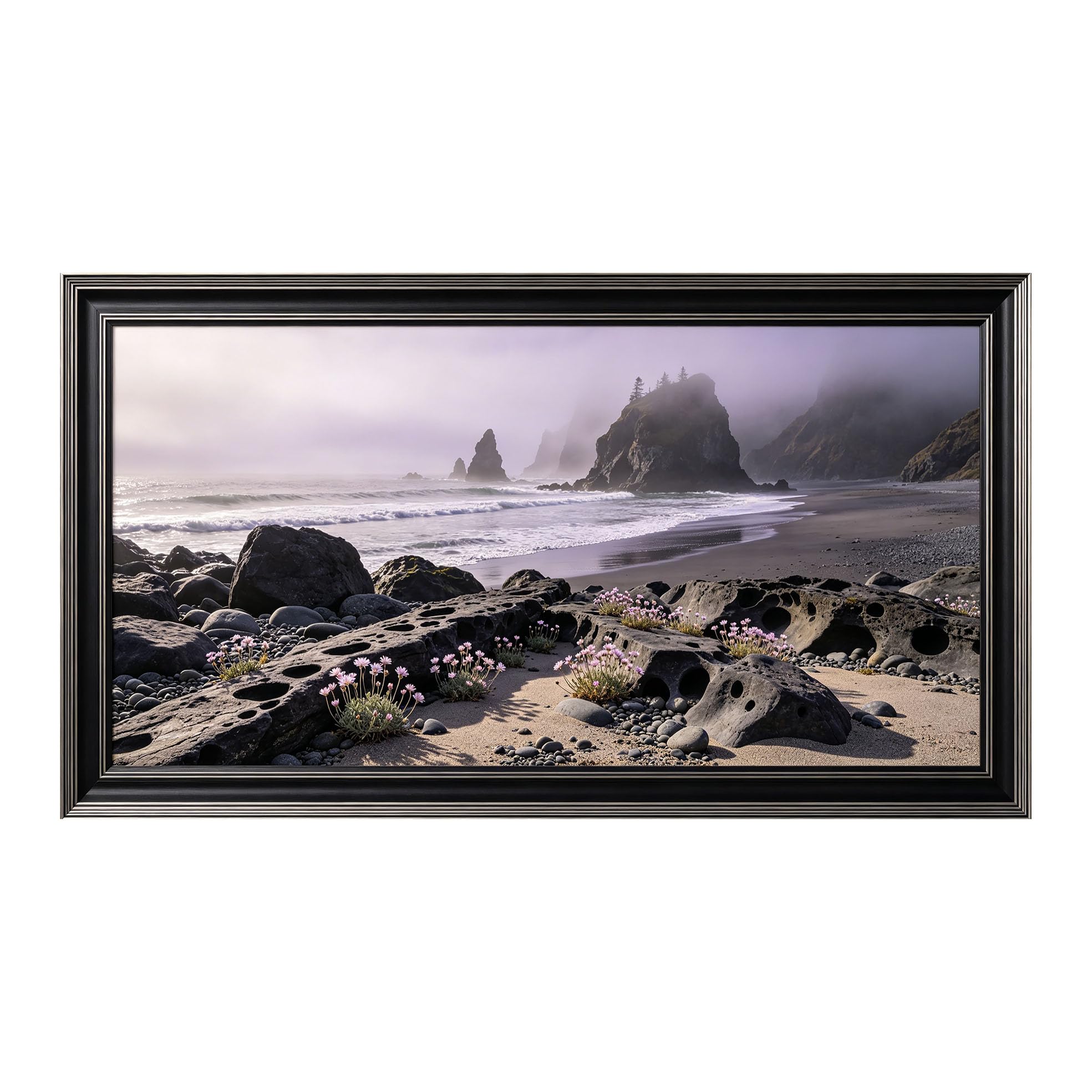 Yzpallescene 3D Framed Wall Art 50cm×100cm Misty Coastal Seascape Panoramic Rock Formation Large Size SelfAdhesive Removable Wall Decor Prints Artwork for Living Room Bedroom Office