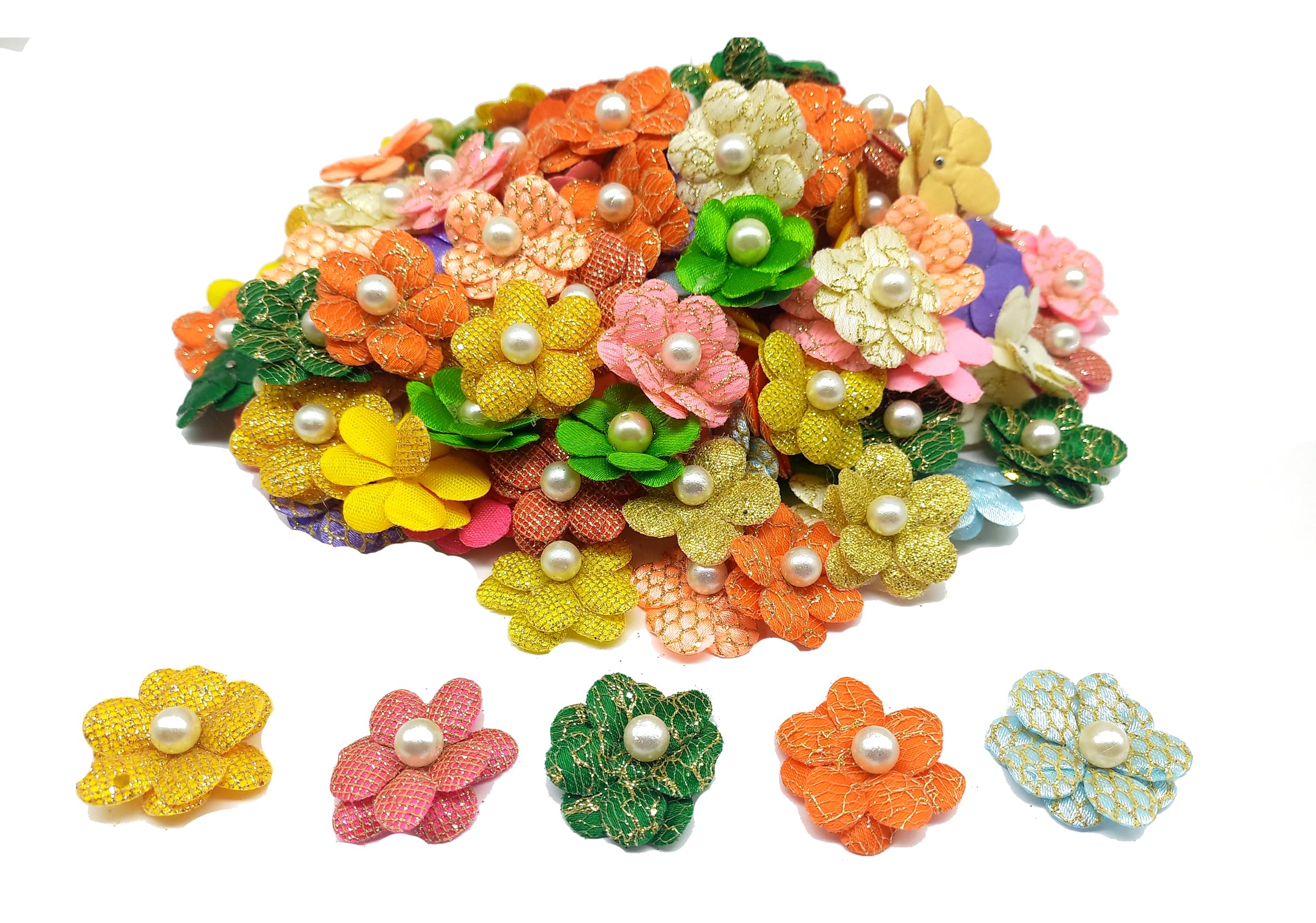 Multicolored Stem Less Fabric Decoration Flower with White Beads, Size - 3 cm, Handmade for Dresses, Gift Wedding Packaging, Radha Krishna & Baby Shower, Pack of 50 pcs-image-14