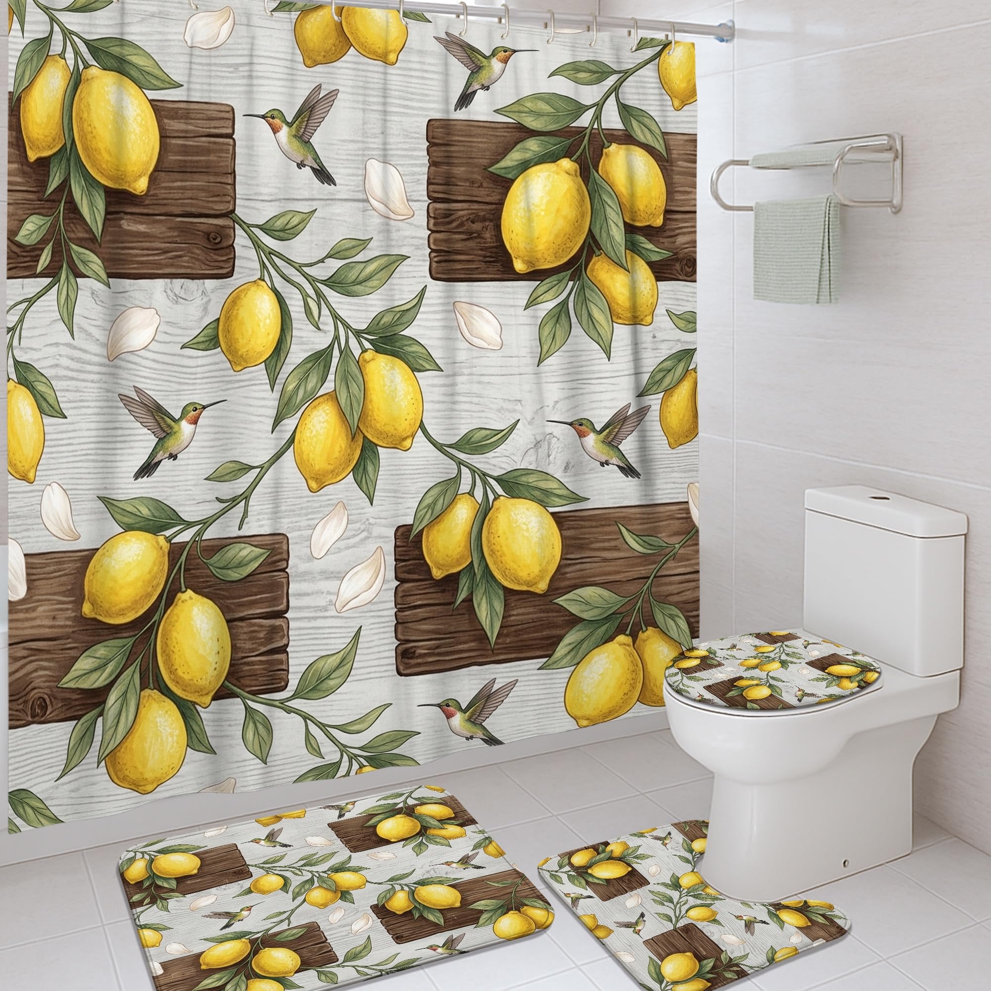 Rideau de douche botanique avec tapis de baignoire jaune rideau douche anti-moisissure