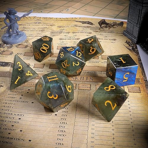 Miniatura 9 de Dados de piedras preciosas de malaquita DND, juego de 7 dados hechos a mano para Calabozos y Dragones, juegos de mesa MTG D&D, dados de juego de rol