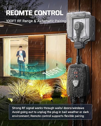 Miniatura 24 de DEWENWILS Temporizador de exterior para luces, temporizador de salida impermeable con 2 tomas de corriente a tierra, 15 A 1/2 HP, certificación UL