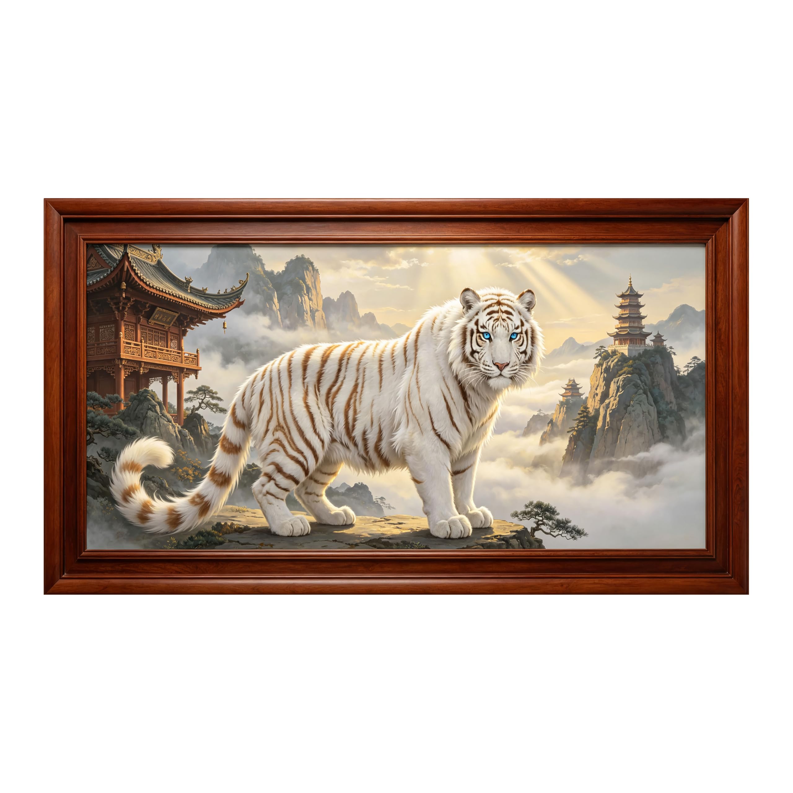 Yzpallescene Art260711216 3D Framed Wall Art White Tiger Oriental Pagoda Mountain Landscape Realistic Large Size Selfadhesive Removable Wall Decor Prints Artwork For Living Room Bedroom Office
