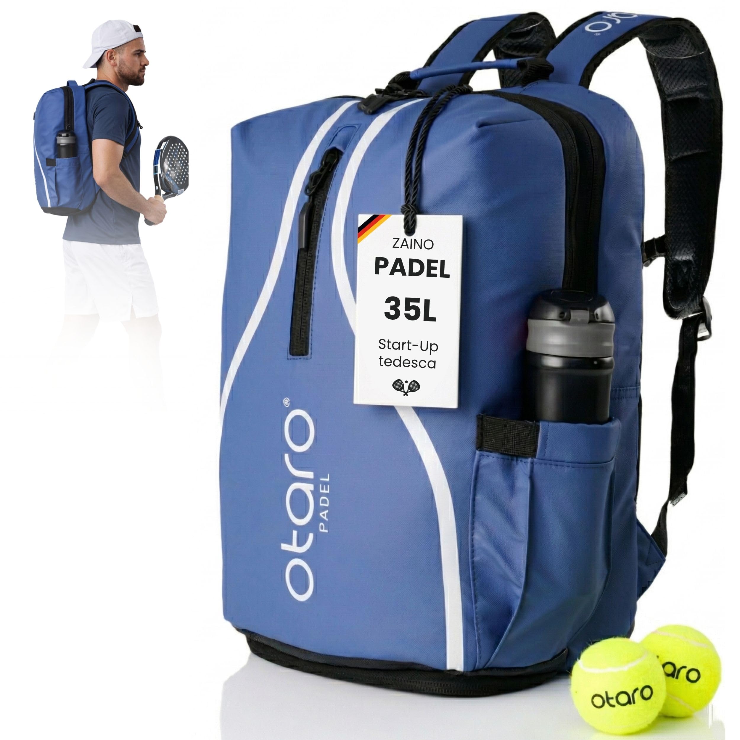 Otaro Zaino Padel | 35L | Zaino con porta scarpe, scomparto per racchette e laptop | Borsone padel per 2 racchette padel, abbigliamento e accessori | Comodo e stiloso | Borsa padel uomo e donna