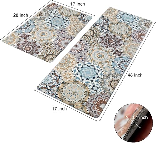 Miniatura 2 de Alfombras de cocina de 2 piezas, antifatiga, para piso, PVC, impermeables, antideslizantes, acolchadas, coloridas y bohemias, alfombra de pasillo de