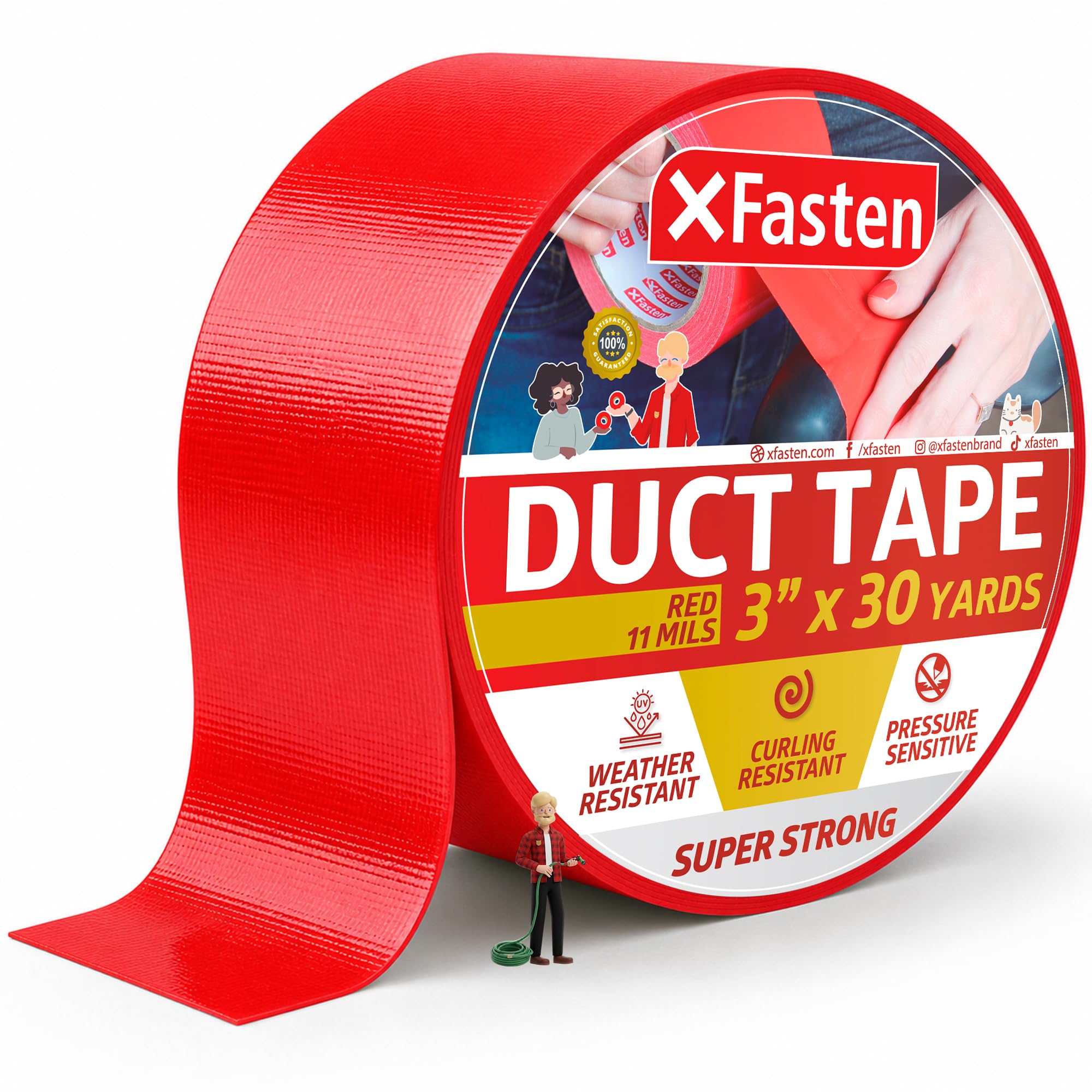 XFasten Super Strength Duct Tape, Red, 3" x 30 Yards (76.2mm x 27.43m), Indoor and Outdoor Duct Tape for School and Industrial Use- Waterproof and Weatherproof