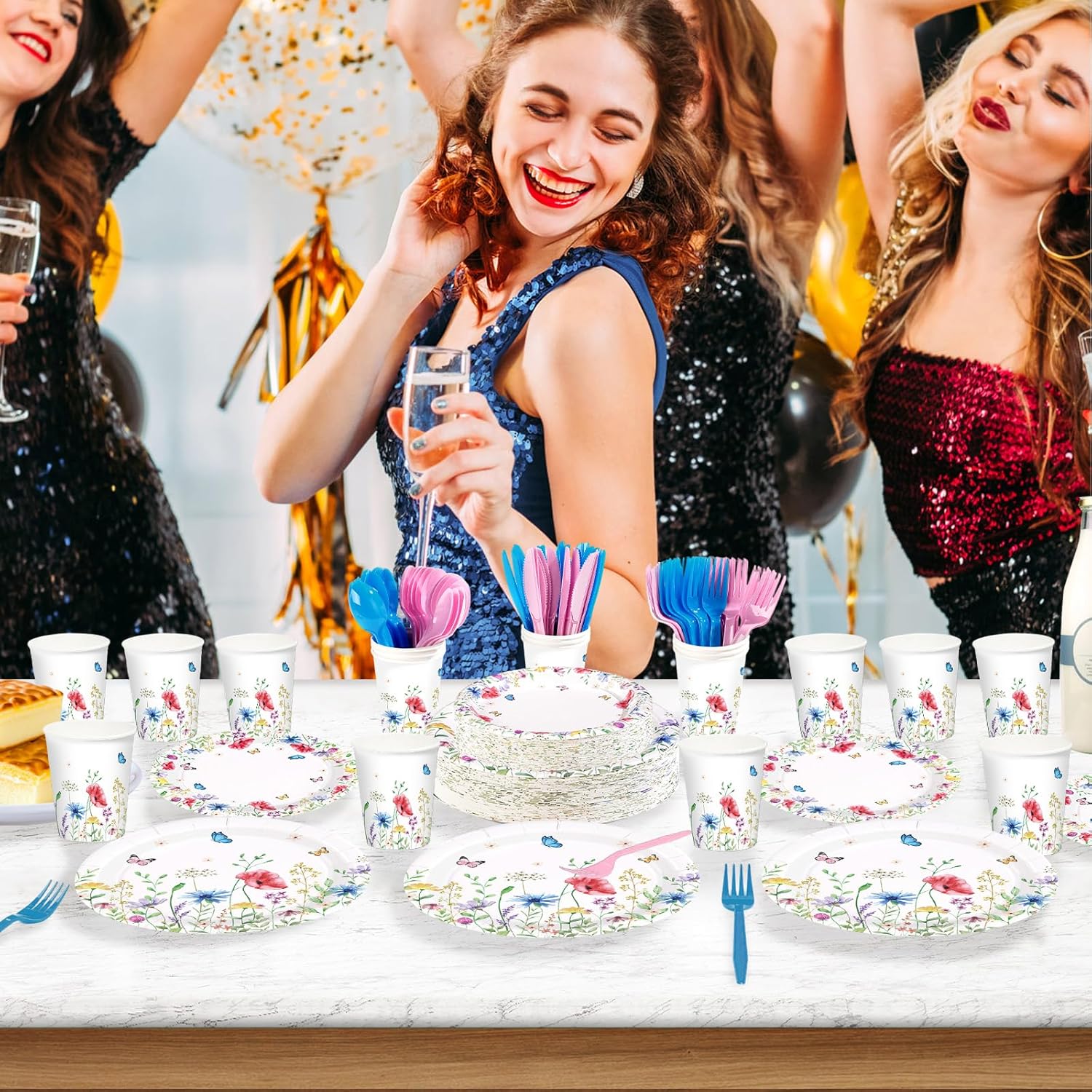 400Pcs Spring Party Decorations Wildflower Floral Plates Napkins Cups Forks Knives Spoons Watercolor Butterfly Disposable Tableware Set for Spring Summer Garden Tea Party Supplies Serves 50