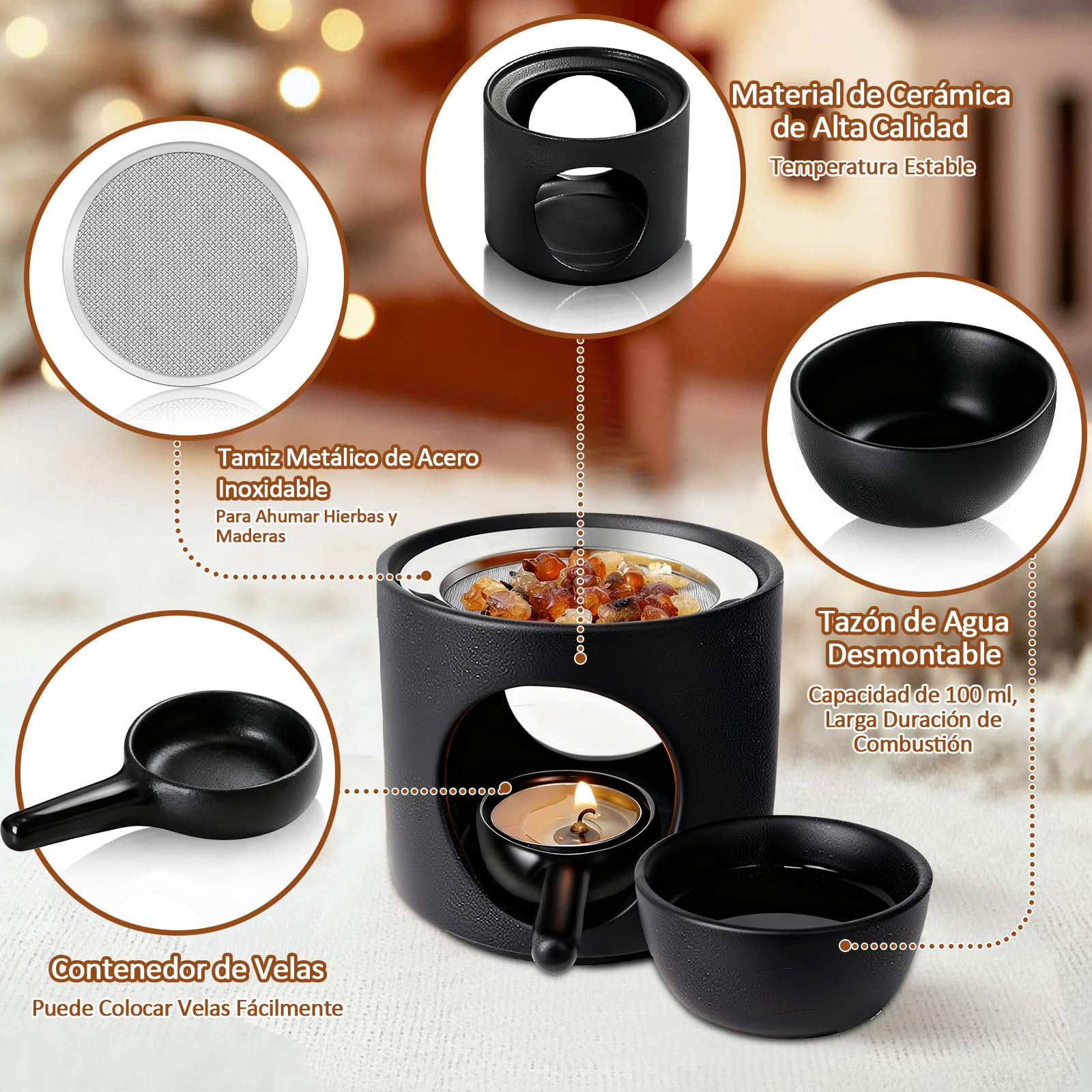 Quemador Aromática de Cerámica con Portavelas, Difusor de Aceite Aromático y Cera Aromática, Quemador de Fragancias, Quemadores de Cera con Cuchara de Velas para Aromaterapia, Decoración del Hogar