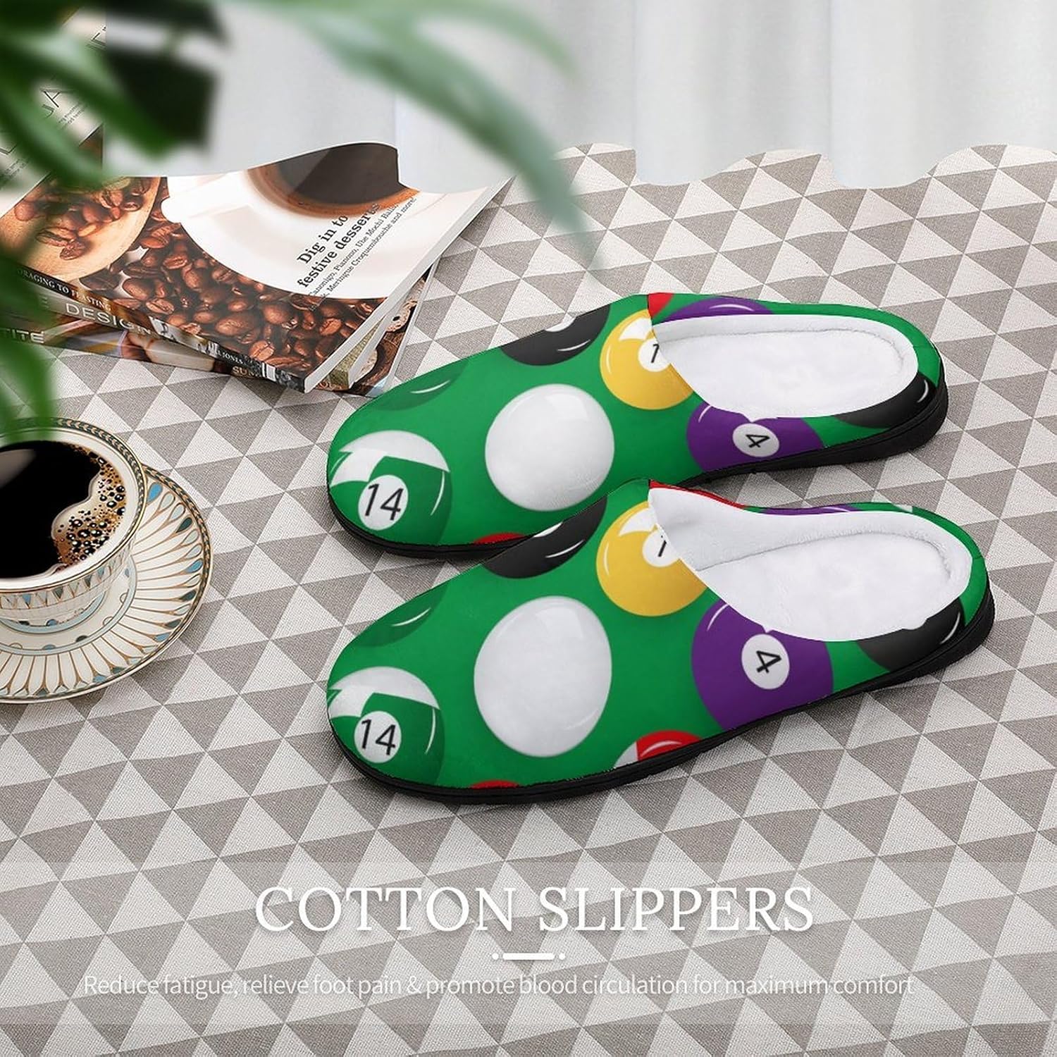 Billiards Pool Table Balls Women's House Slippers Memory Foam Warm Shoes Spa Rubber Sole Indoor Outdoor