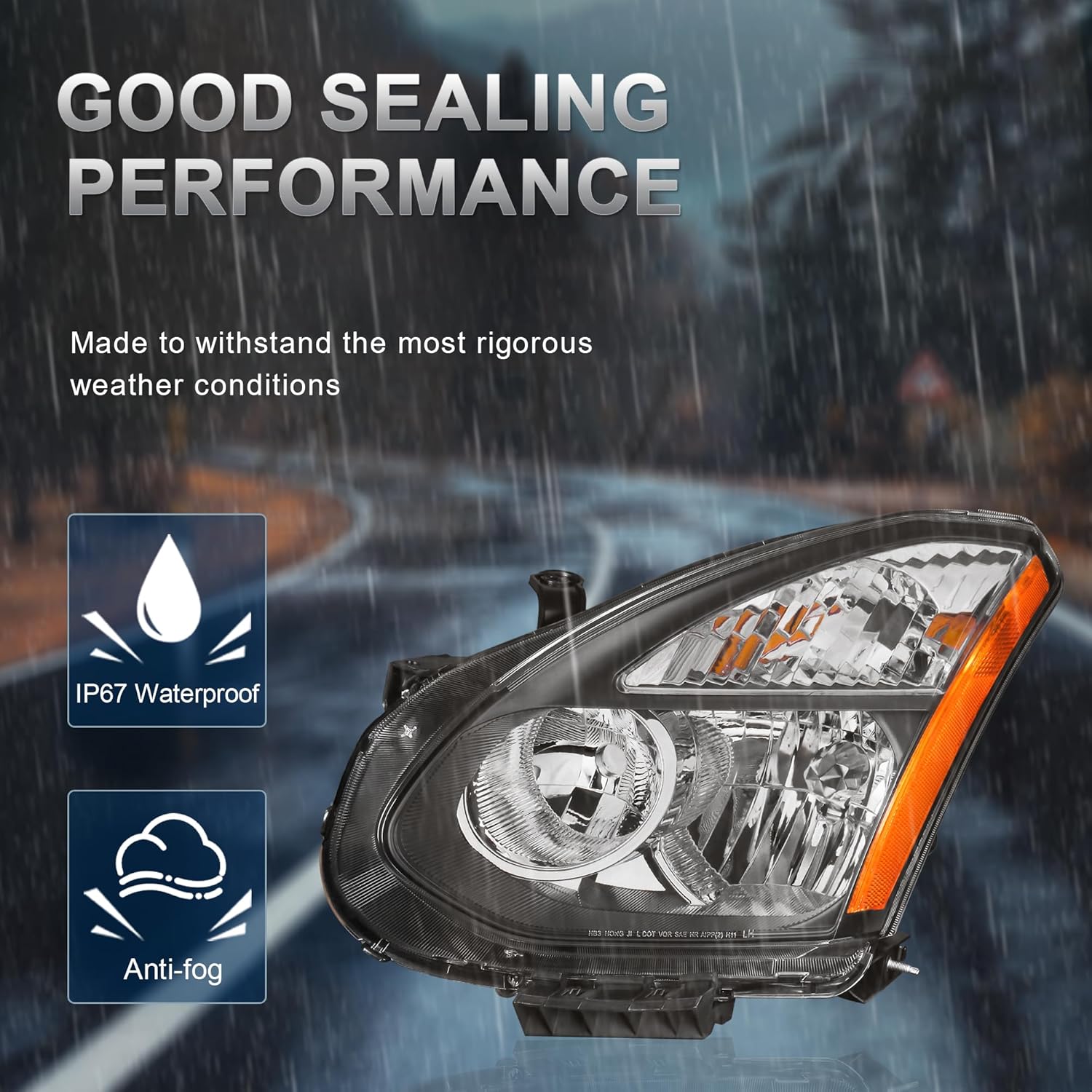 Headlights Assembly Replacement Compatible for 2008-2013 Nissan Rogue Compatible for 2014-2015 Rogue Select Halogen with Clear Lens Black Housing Amber Reflector Front Lamps (Set of 2)