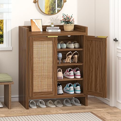 Miniatura 5 de Armario de almacenamiento de zapatos para entrada, zapatero de ratán de 4 niveles con puertas y estantes ajustables, zapatero estrecho bohemio para