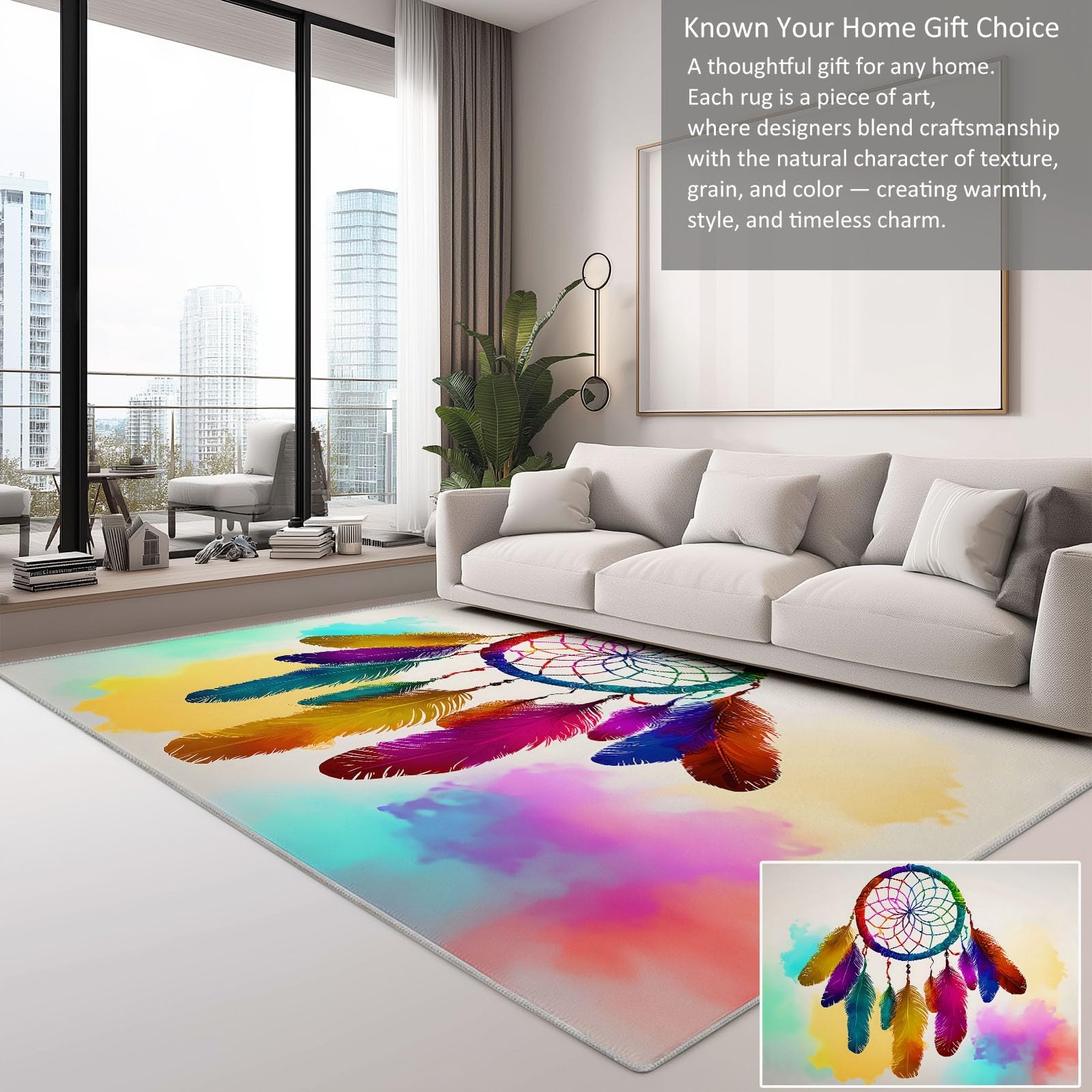 Waschbarer Wohnzimmer Teppich 80 x 150 cm, Traumhafter Kurzflor Teppich Schlafzimmer - Traumfänger Regenbogenfarben Federn Weicher Teppichläufer mit Rutschfester Rückseite für Esszimmer Büro