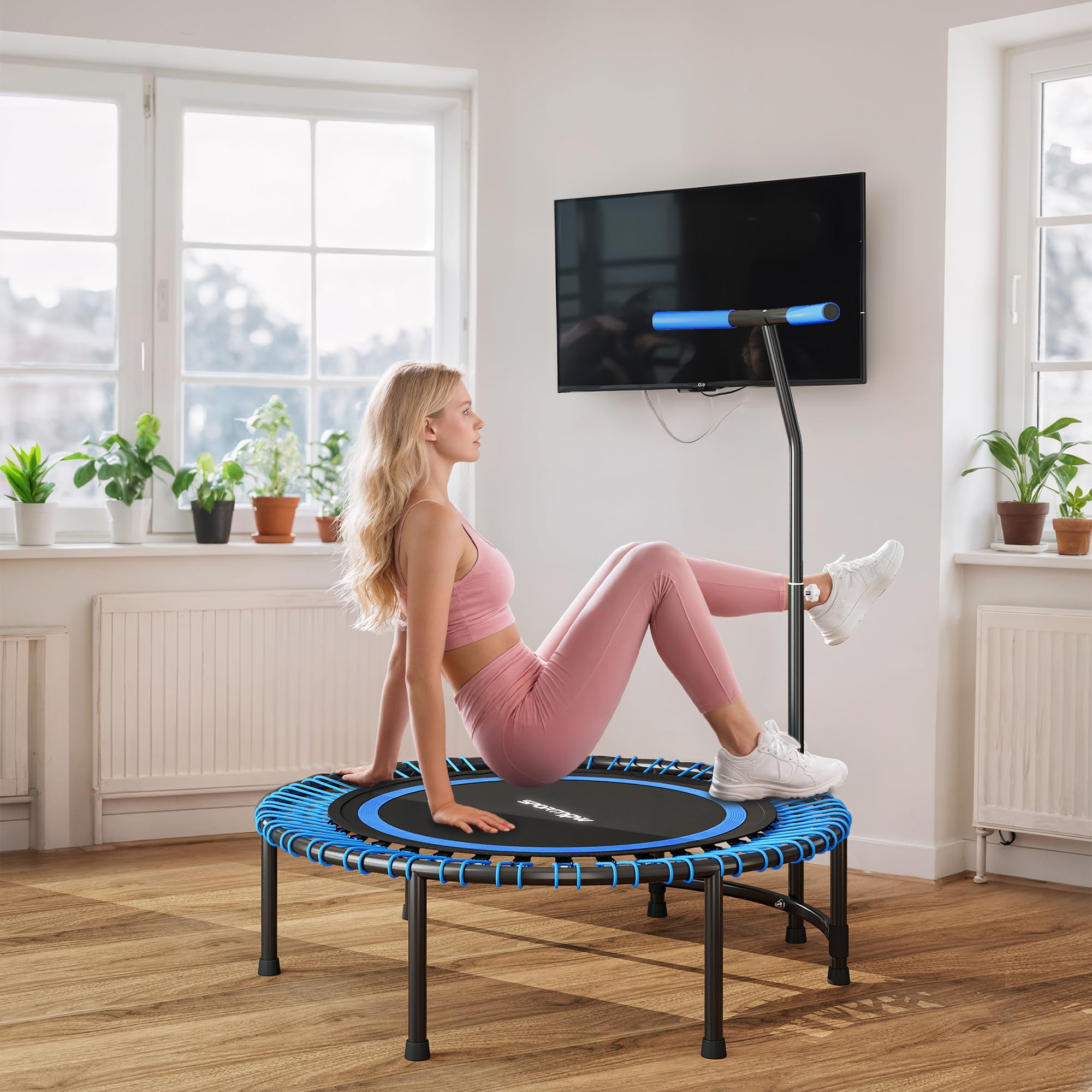 SPORTNOW Trampoline de Fitness 114 cm avec Cordes élastiques, poignée réglable sur 5 Positions, Trampoline Adulte Charge 200 kg Stable et Silencieux pour entraînement intérieur, Bleu