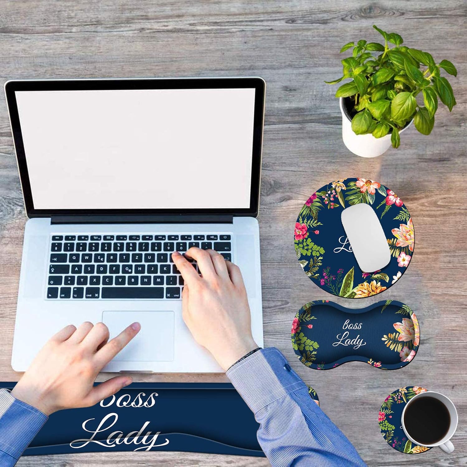 Ergonomic Keyboard Wrist Rests Gel Memory Foam Mouse Pad with Round Mousepad + Coasters, Wrist Support Set with Non Slip Base for Gaming Office Laptop Easy Typing & Pain Relief, Floral Boss Lady