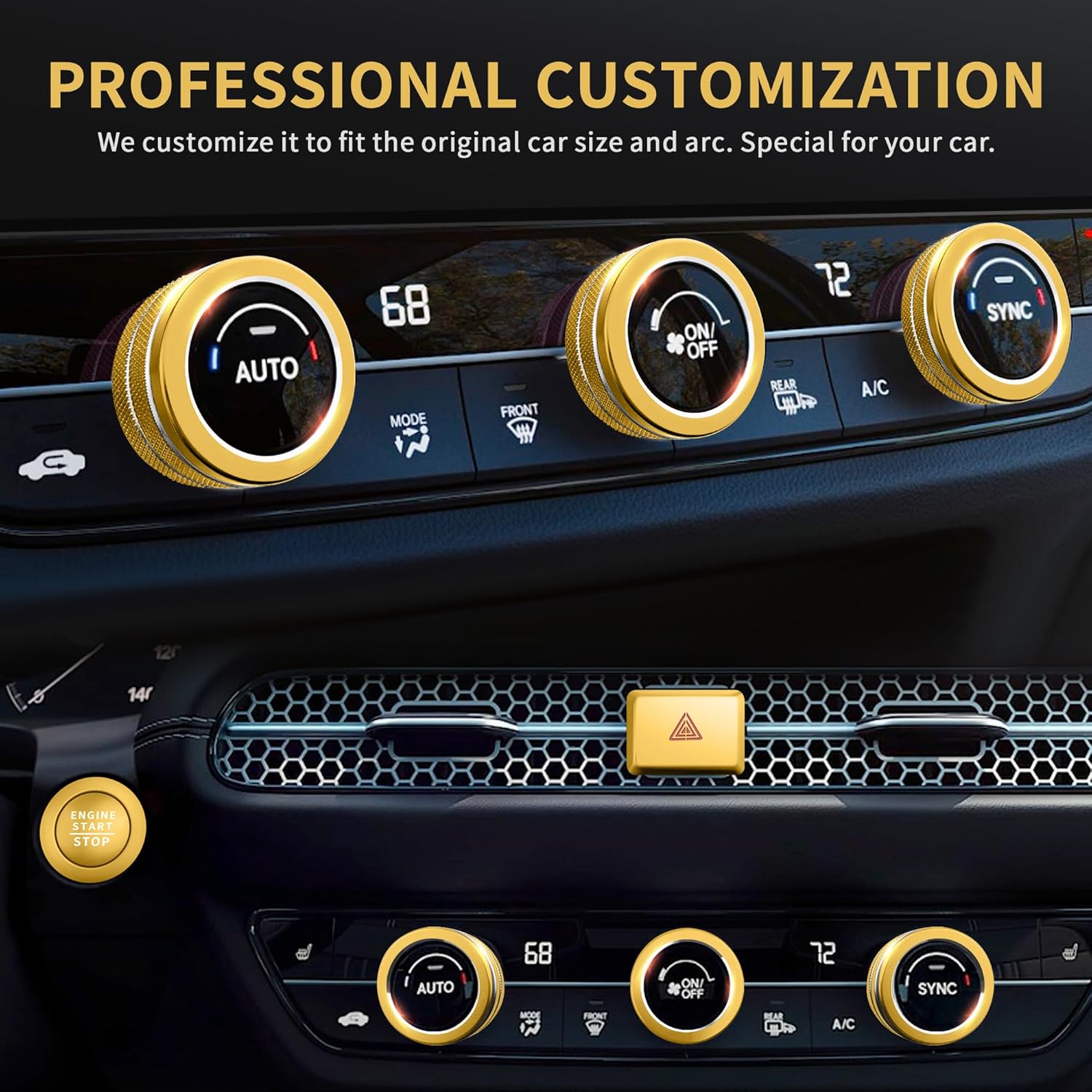 Polodunn for 2022-2026 Honda Civic, 2023-2026 CRV/HRV/Acura Integra, 2023-2025 Accord & 2025 ADX Accessories - 6pcs Aluminum Alloy Knob Cover Trim Set FIts Push Start, AC & Hazard Light (Gold)
