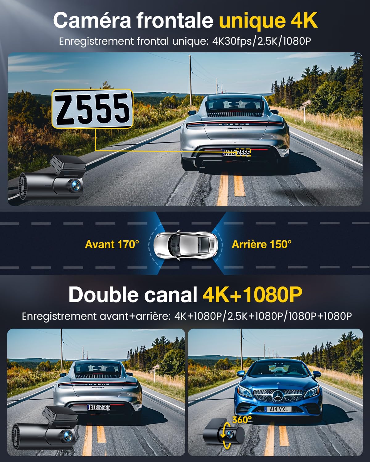 GKU 4K Dashcam Voiture Avant Arrière,5GHz WiFi GPS,2160P+1080P Camera Voiture,1.5'' IPS Caméra Embarquée Voiture avec Carte SD 64G,Grand Angle 170°,Vision Nocturne,WDR,G-Capteur,Mode Stationnement 24H