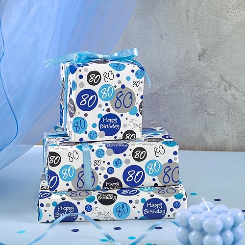 Miniatura 6 de WRAPAHOLIC Hoja de papel de regalo de cumpleaños, 6 hojas de diseño azul de 80 cumpleaños, plegada plana para cumpleaños, fiestas, baby showers,